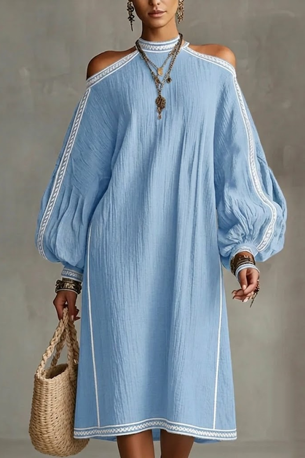 Boho Trim Lantern Sleeve Dress