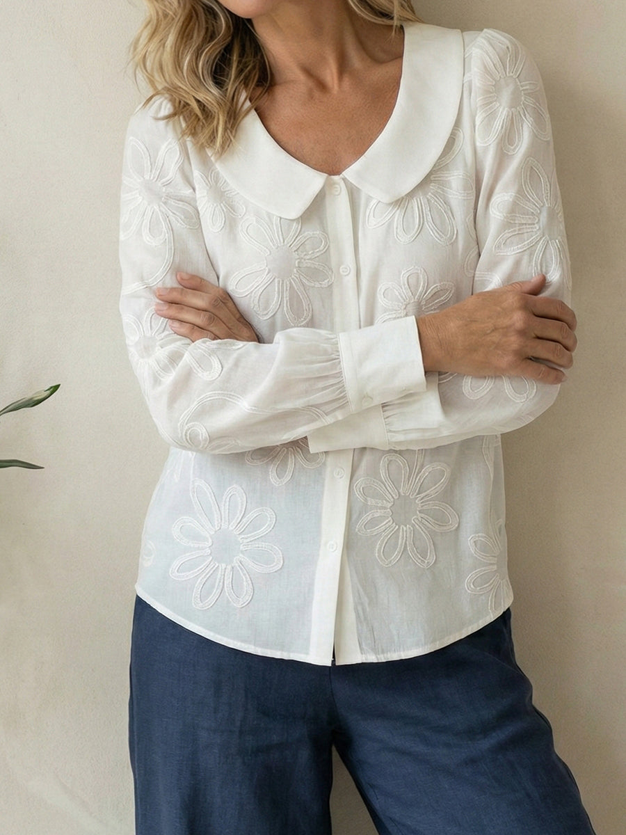 Vintage Peter Pan Collar Embroidered Floral Button-Up Shirt