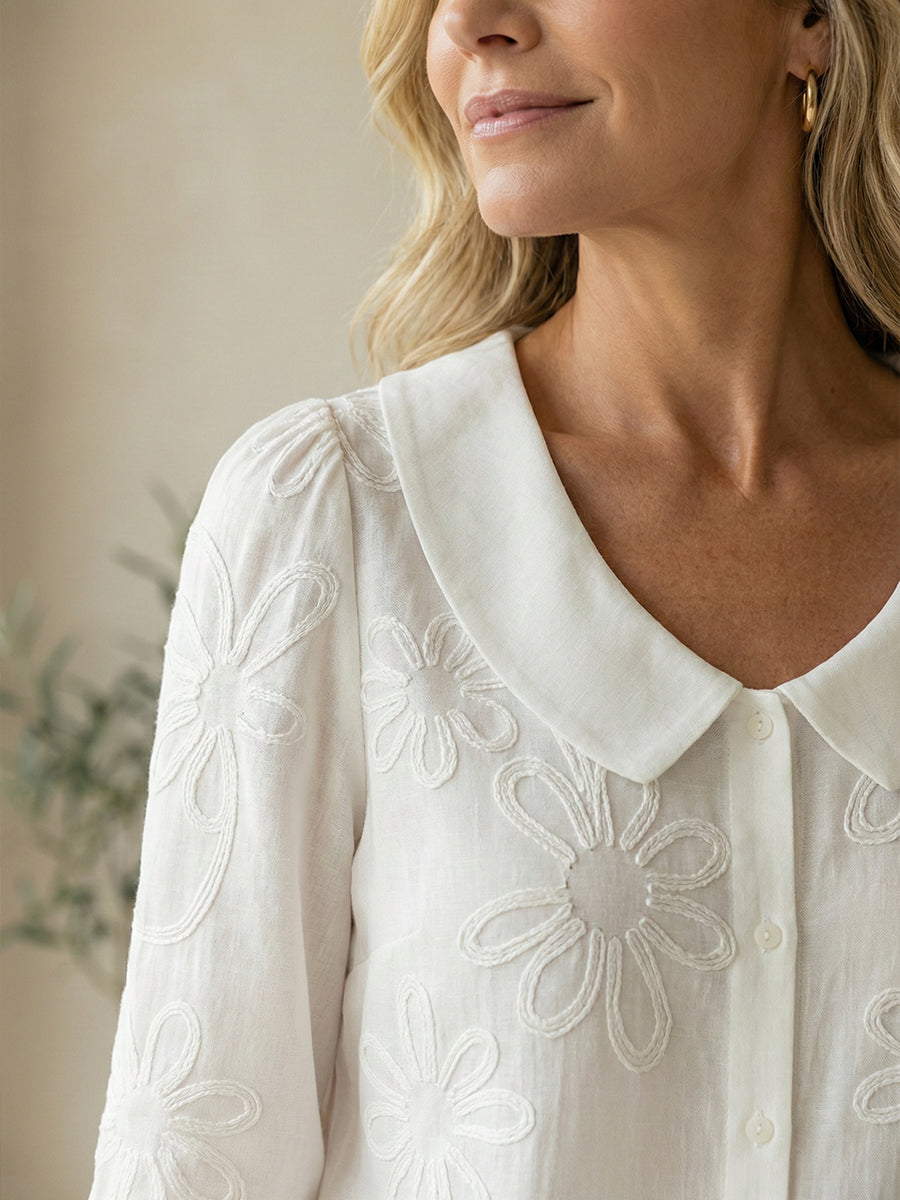 Vintage Peter Pan Collar Embroidered Floral Button-Up Shirt