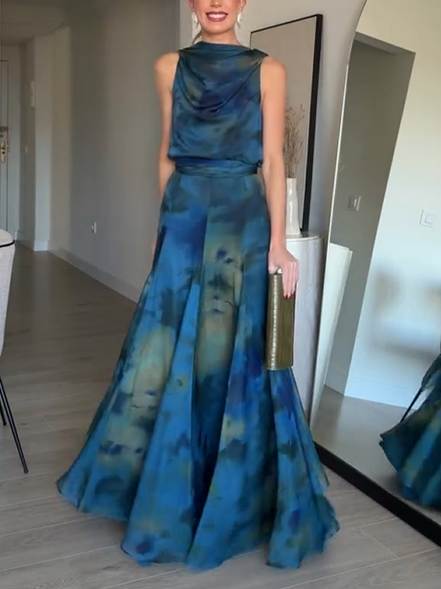 Two-piece Set: Stylish Artistic Print Top And Maxi Skirt