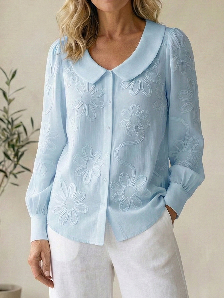 Vintage Peter Pan Collar Embroidered Floral Button-Up Shirt