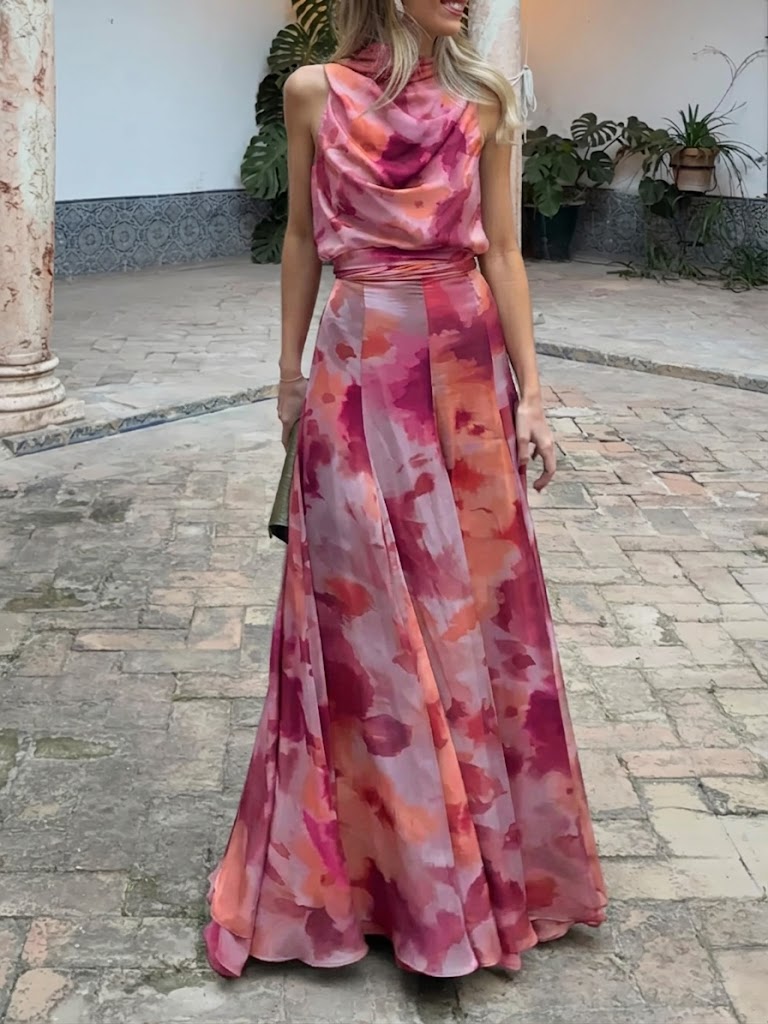 Two-piece Set: Stylish Artistic Print Top And Maxi Skirt