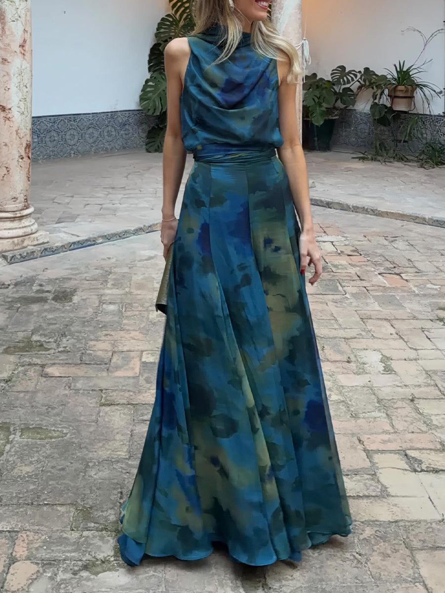 Two-piece Set: Stylish Artistic Print Top And Maxi Skirt