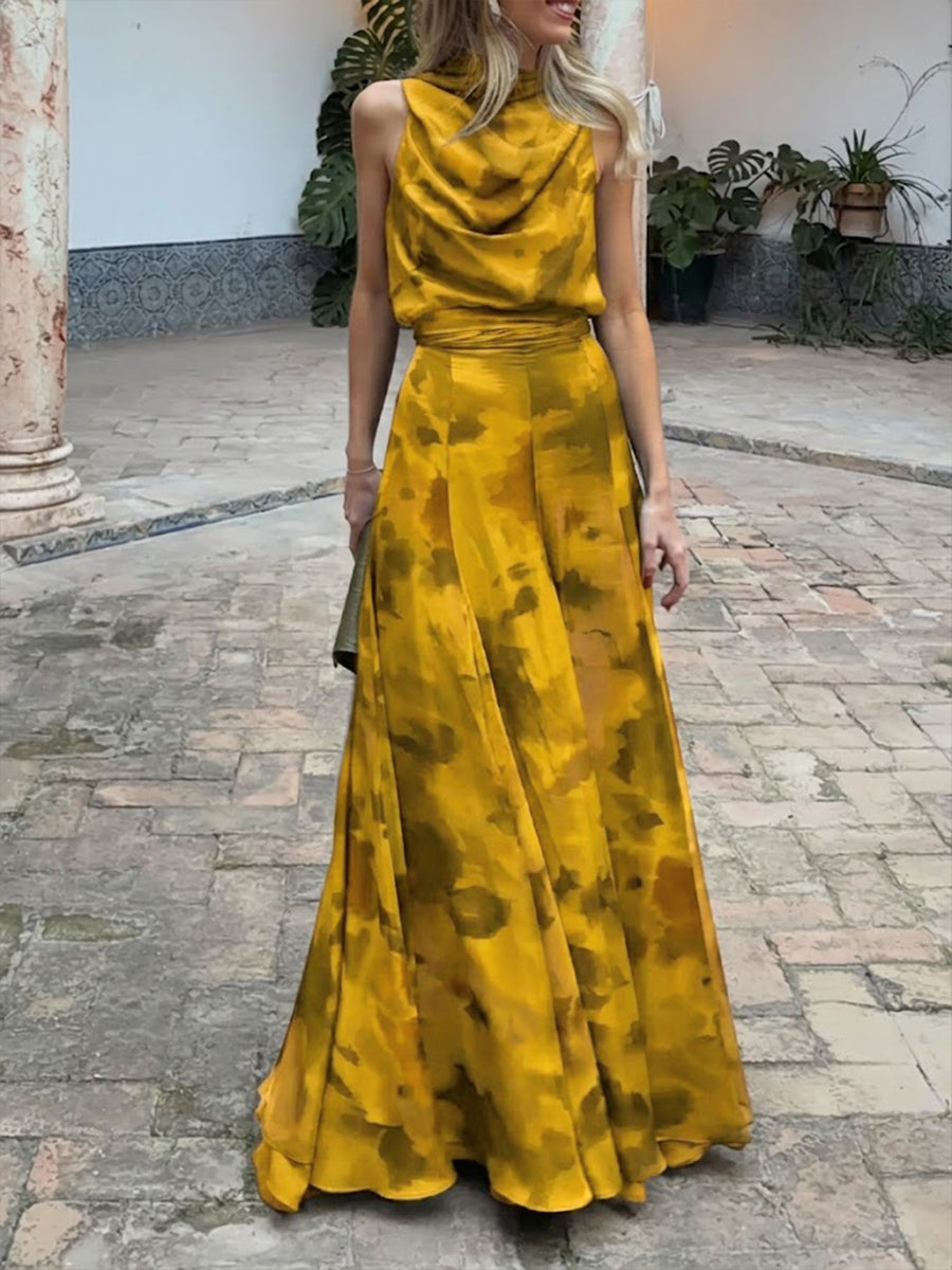 Two-piece Set: Stylish Artistic Print Top And Maxi Skirt