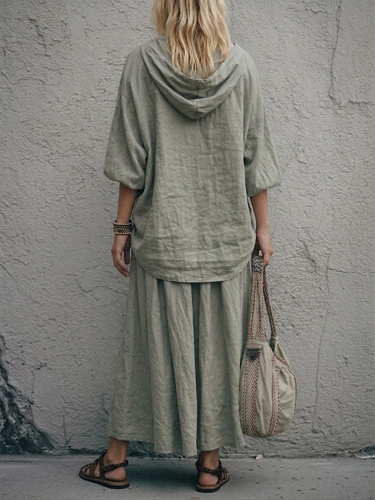Casual Loose-fit Half-zip Linen-cotton Hoodie And Skirt Two-piece Set