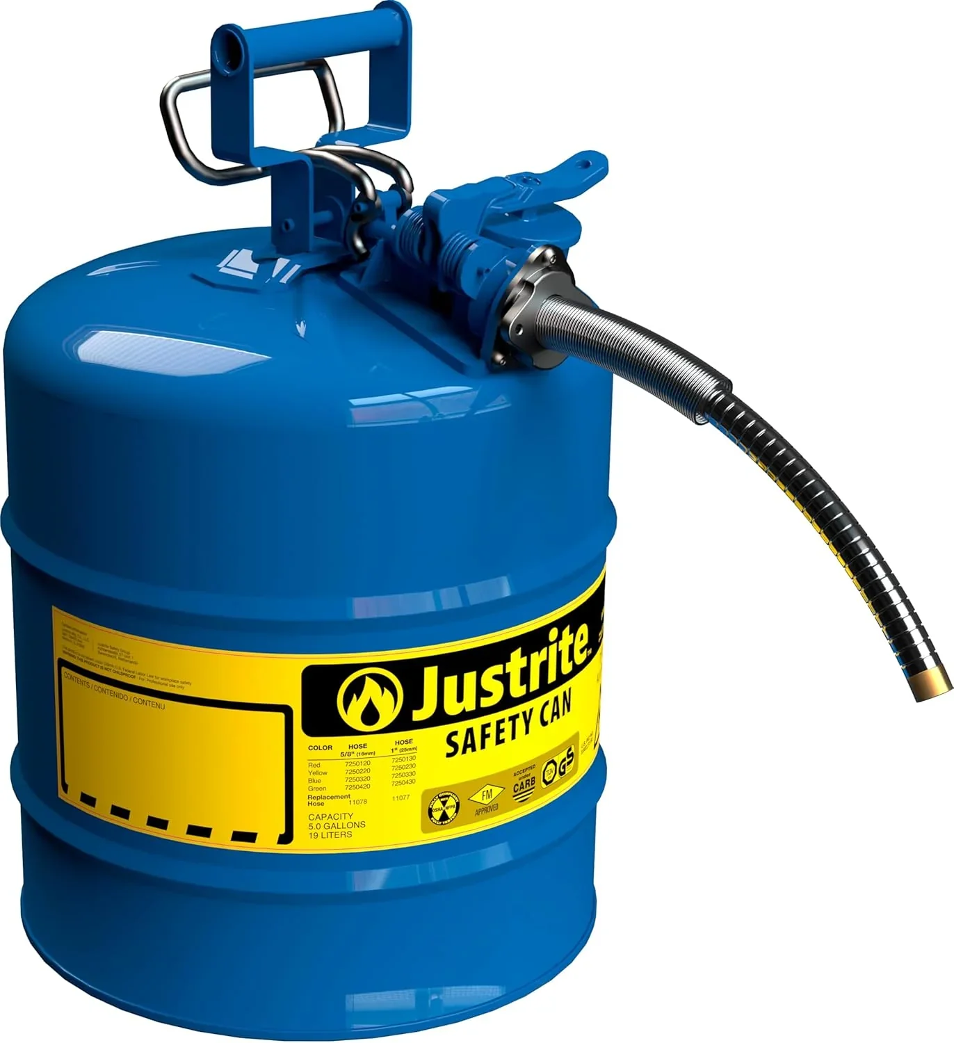 Justrite 5-Gallon Type II Red Safety Gas Can �� OSHA-Approved Steel Fuel Container with Flame Arrester, Self-Closing Lid & 1" Flexible Spout (7250130)