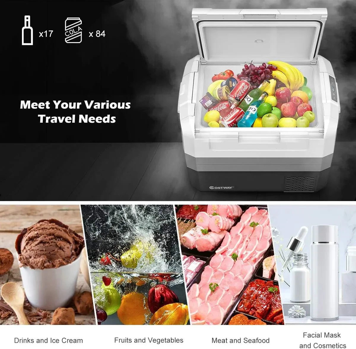 Portable Car Refrigerator, -14.8 to 50, 58-Quart Compressor Travel Fridge with Two-way Open Door, Operating Panel, Groove Design, Compact RV Freezer and Cooler for Outdoor and Home Use