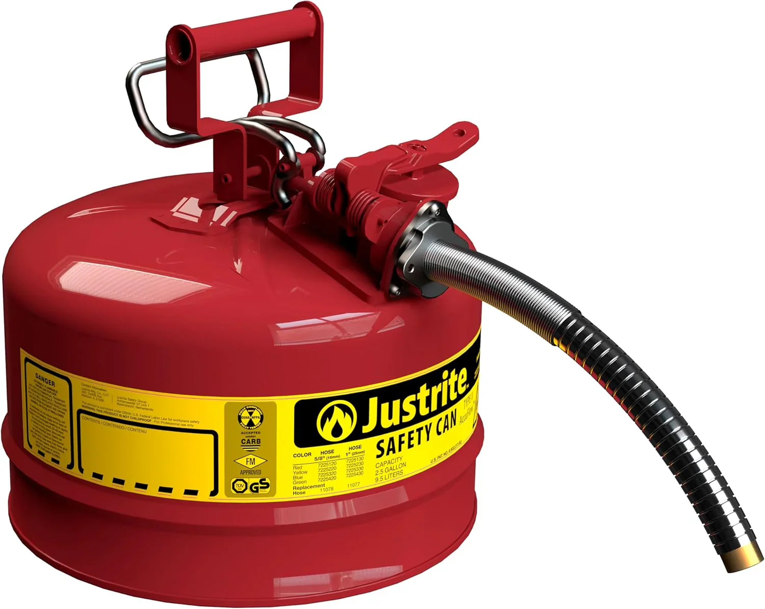 Justrite 5-Gallon Type II Red Safety Gas Can �� OSHA-Approved Steel Fuel Container with Flame Arrester, Self-Closing Lid & 1" Flexible Spout (7250130)