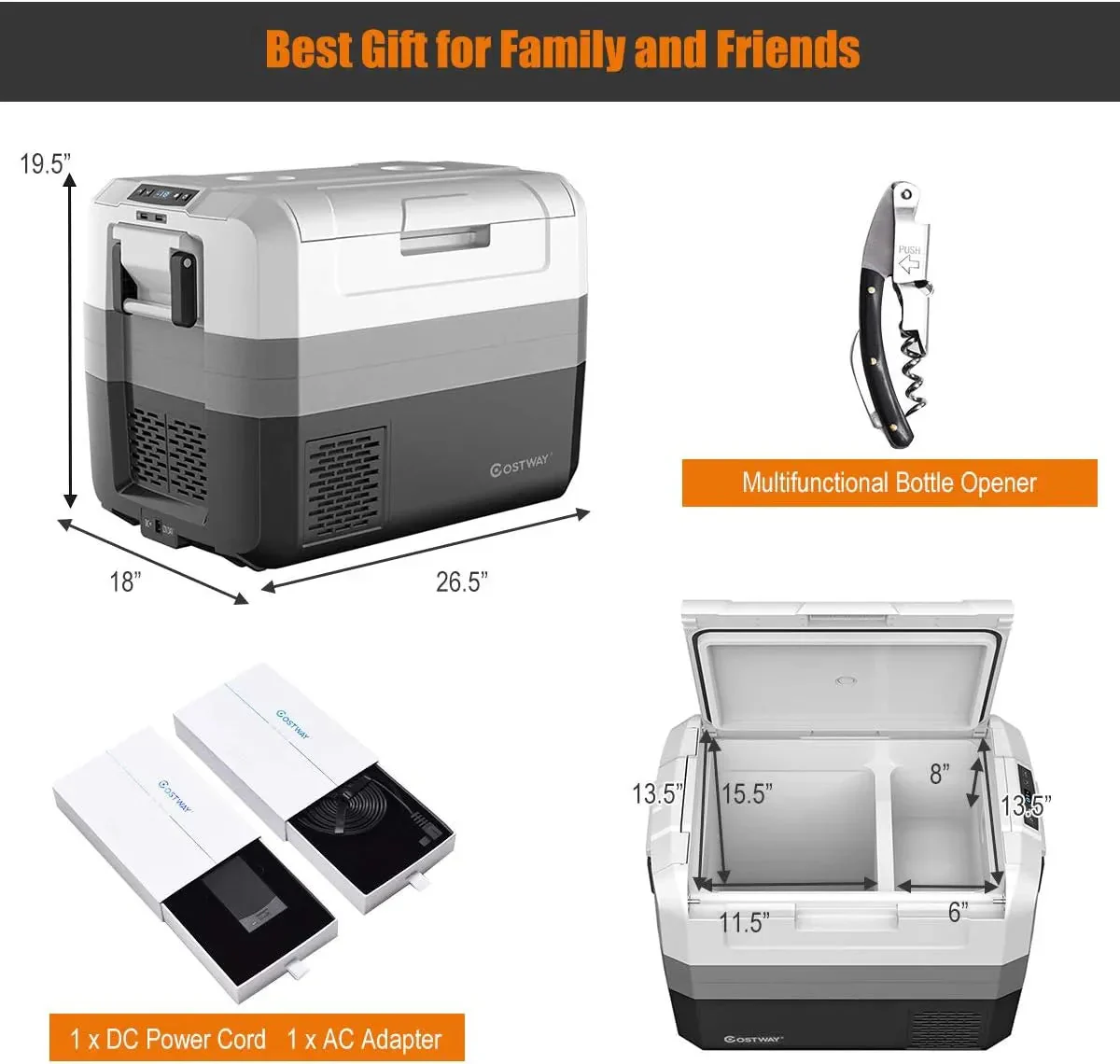 Portable Car Refrigerator, -14.8 to 50, 58-Quart Compressor Travel Fridge with Two-way Open Door, Operating Panel, Groove Design, Compact RV Freezer and Cooler for Outdoor and Home Use