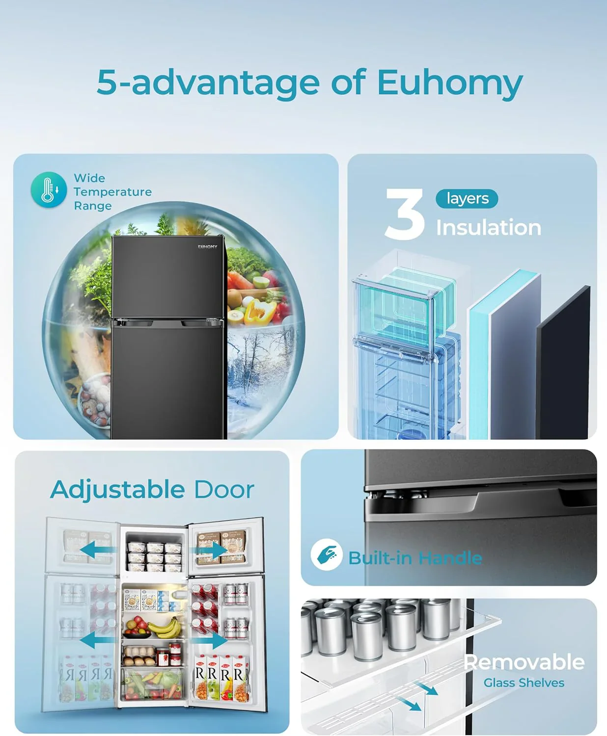 EUHOMY 3.2 Cu.Ft Mini Fridge with Freezer 2-Door Compact Refrigerator for Bedroom, Dorm, Office or Apartment, Silver