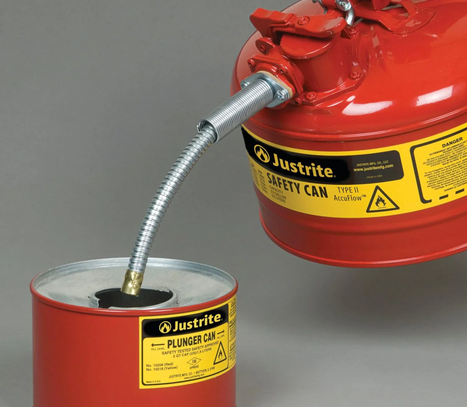 Justrite 5-Gallon Type II Red Safety Gas Can �� OSHA-Approved Steel Fuel Container with Flame Arrester, Self-Closing Lid & 1" Flexible Spout (7250130)