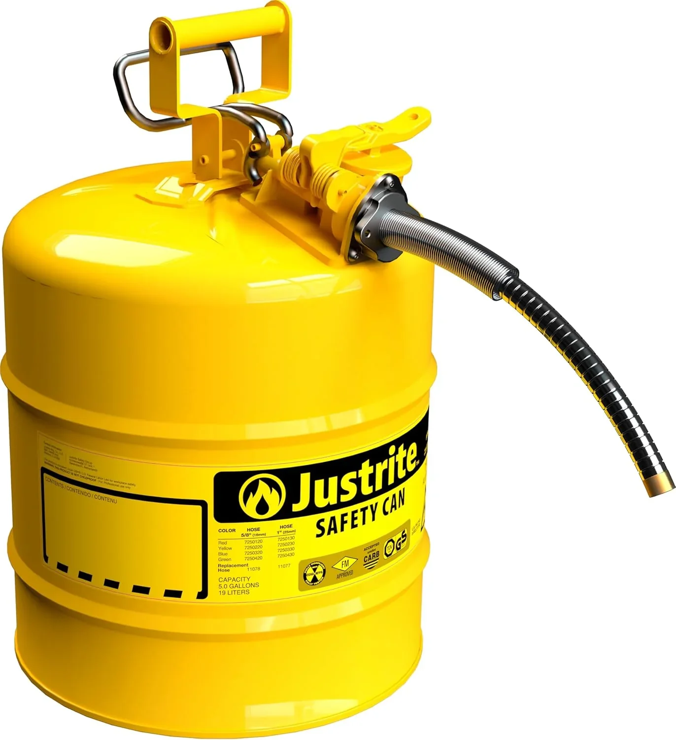 Justrite 5-Gallon Type II Red Safety Gas Can �� OSHA-Approved Steel Fuel Container with Flame Arrester, Self-Closing Lid & 1" Flexible Spout (7250130)
