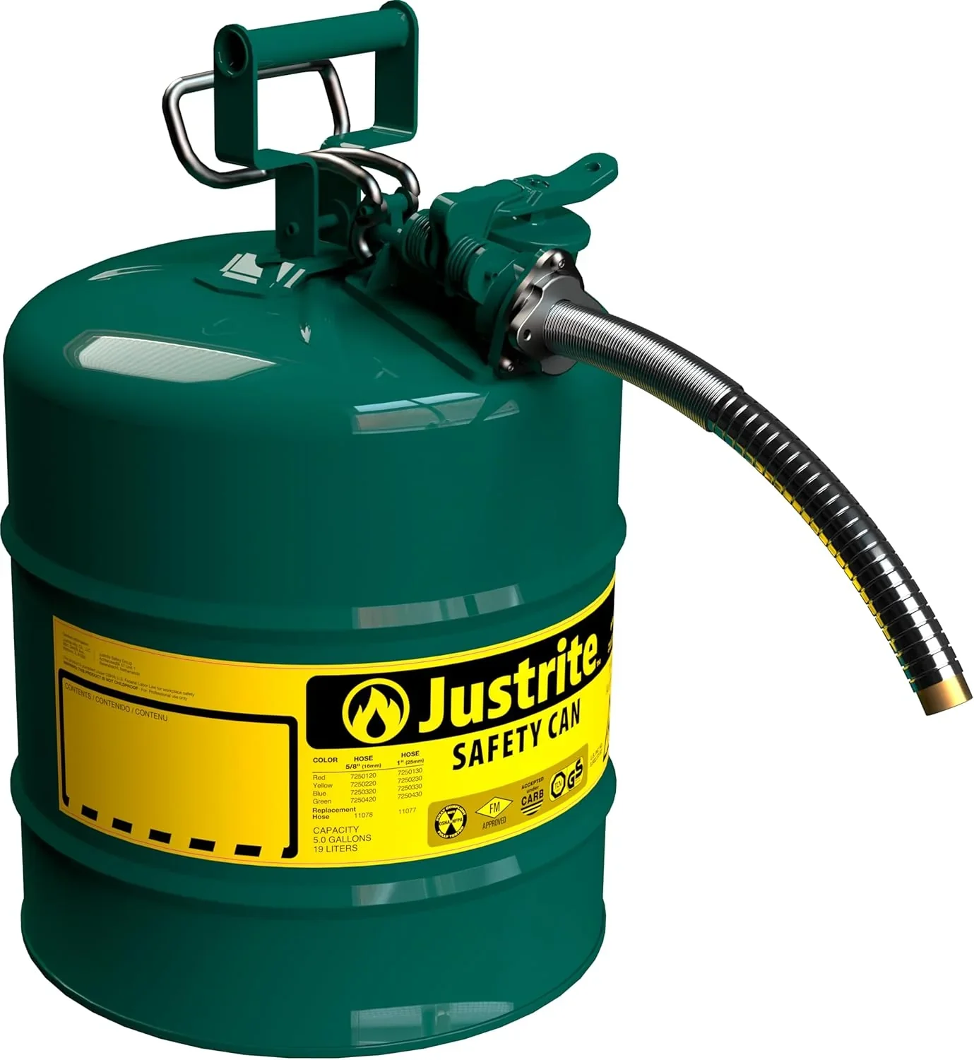 Justrite 5-Gallon Type II Red Safety Gas Can �� OSHA-Approved Steel Fuel Container with Flame Arrester, Self-Closing Lid & 1" Flexible Spout (7250130)