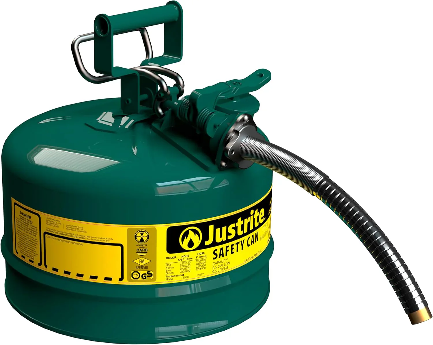Justrite 5-Gallon Type II Red Safety Gas Can �� OSHA-Approved Steel Fuel Container with Flame Arrester, Self-Closing Lid & 1" Flexible Spout (7250130)