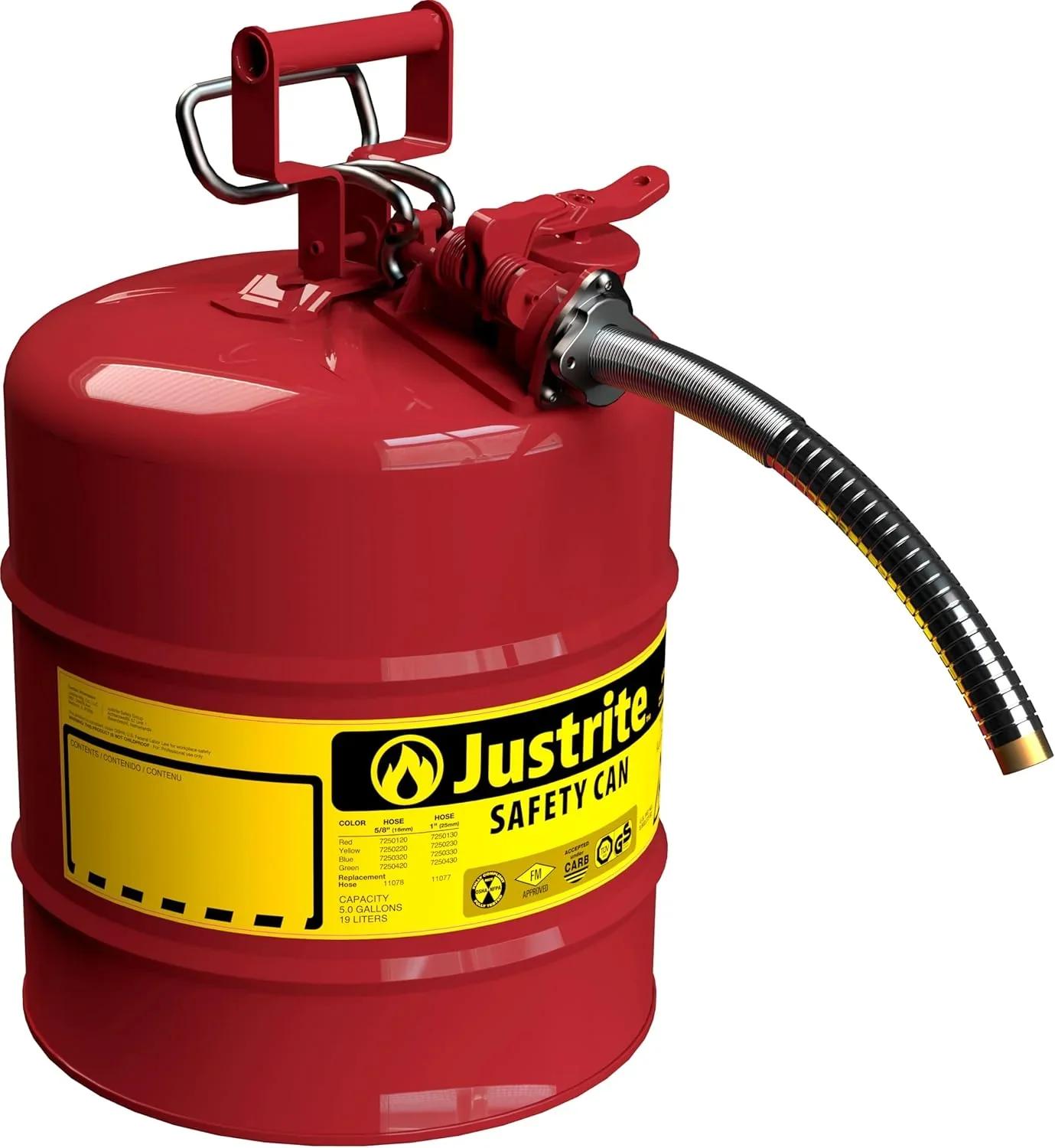 Justrite 5-Gallon Type II Red Safety Gas Can �� OSHA-Approved Steel Fuel Container with Flame Arrester, Self-Closing Lid & 1" Flexible Spout (7250130)