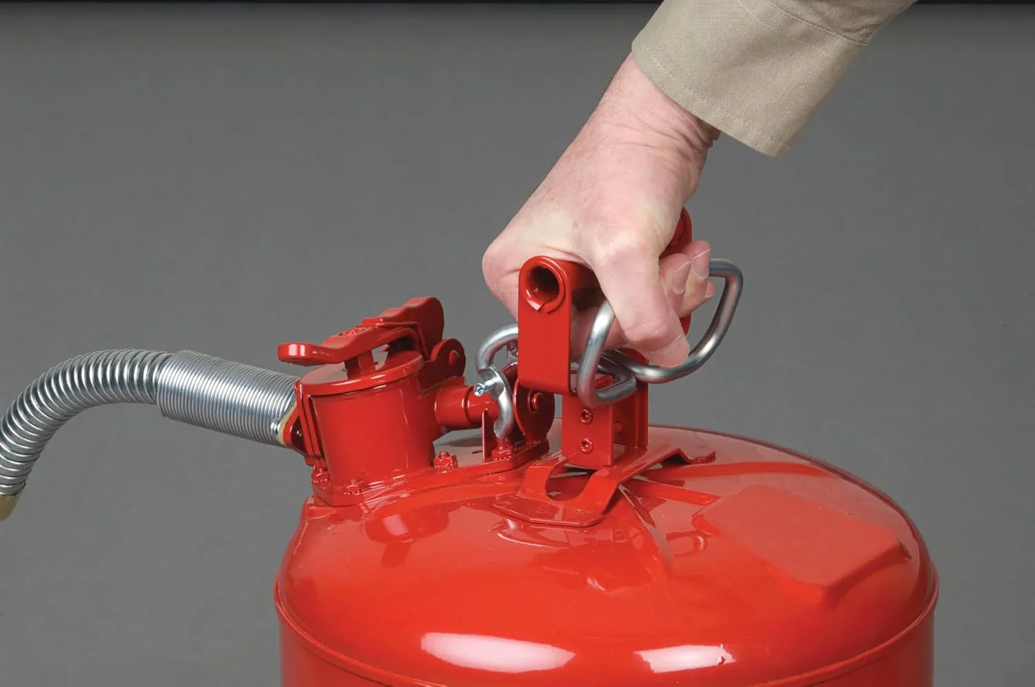 Justrite 5-Gallon Type II Red Safety Gas Can �� OSHA-Approved Steel Fuel Container with Flame Arrester, Self-Closing Lid & 1" Flexible Spout (7250130)