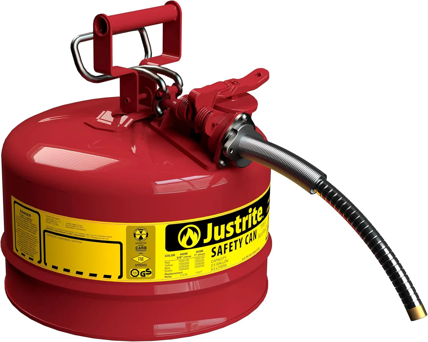 Justrite 5-Gallon Type II Red Safety Gas Can �� OSHA-Approved Steel Fuel Container with Flame Arrester, Self-Closing Lid & 1" Flexible Spout (7250130)