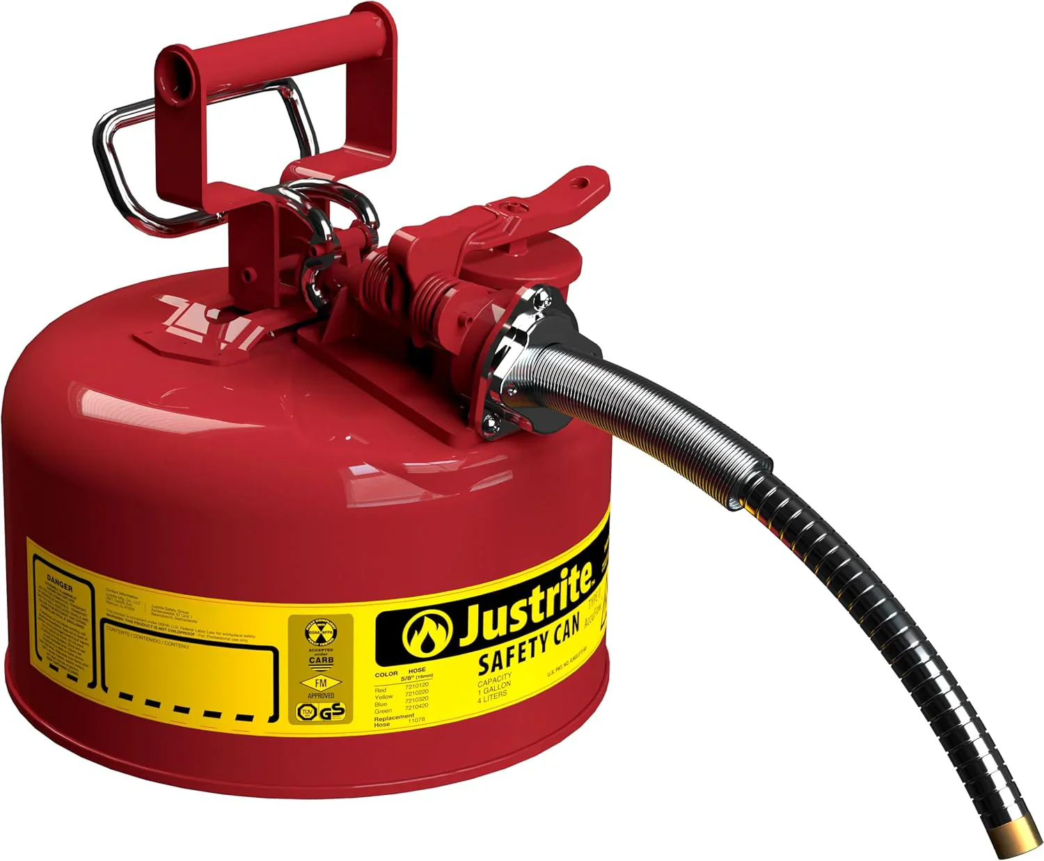 Justrite 5-Gallon Type II Red Safety Gas Can �� OSHA-Approved Steel Fuel Container with Flame Arrester, Self-Closing Lid & 1" Flexible Spout (7250130)
