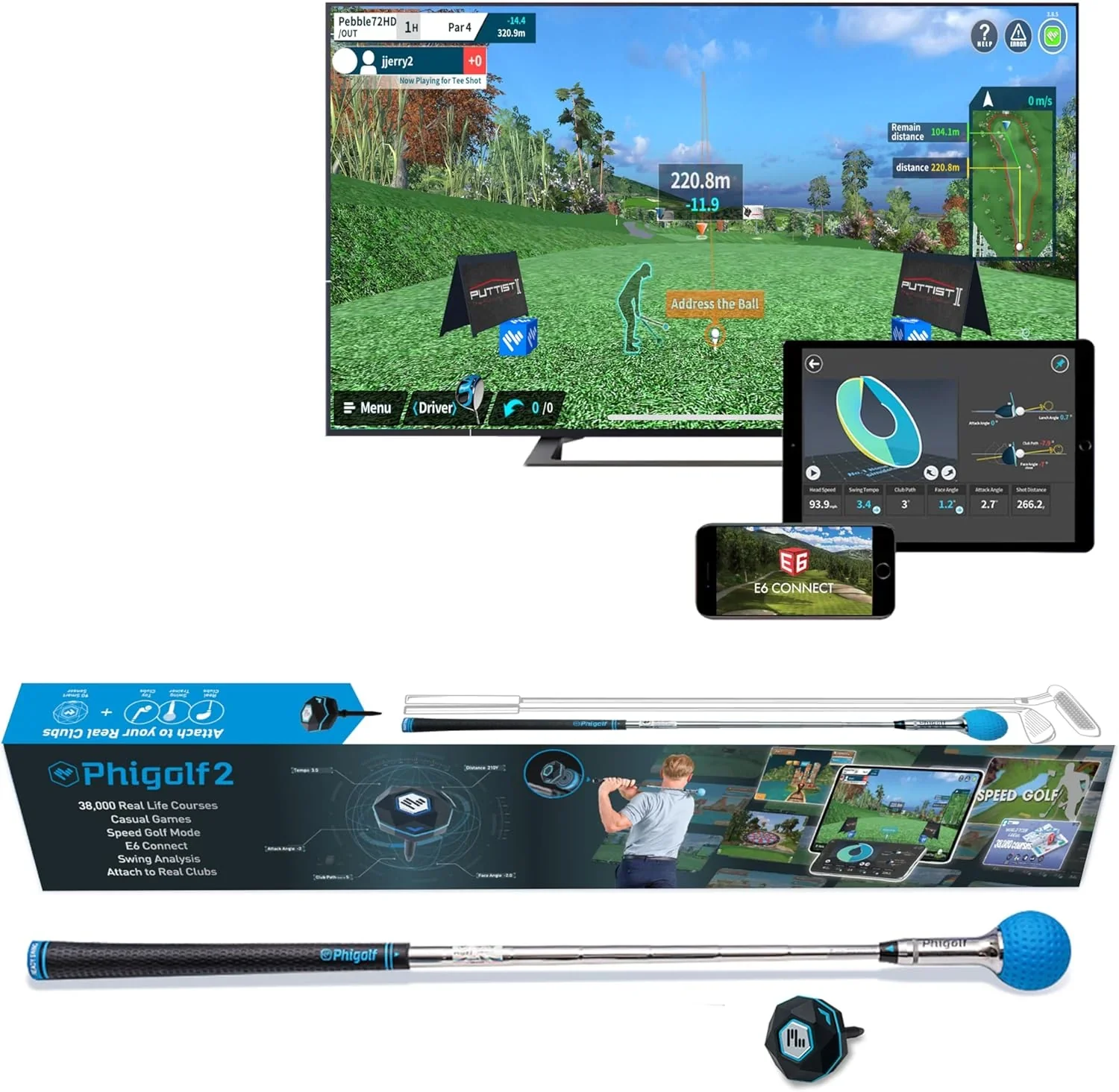 Home Golf Game Simulator: Enjoy Interactive Golf with Motion Sensor & Swing Stick for Indoor & Outdoor Fun 38,000+ Courses Worldwide, Compatible with Android, iOS, App & E6 Connect