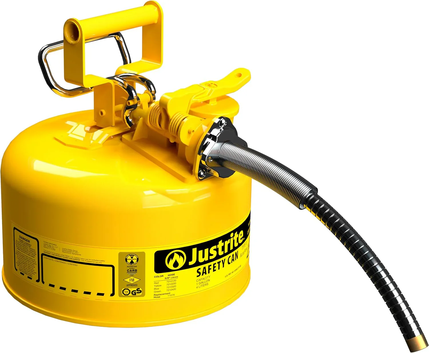 Justrite 5-Gallon Type II Red Safety Gas Can �� OSHA-Approved Steel Fuel Container with Flame Arrester, Self-Closing Lid & 1" Flexible Spout (7250130)