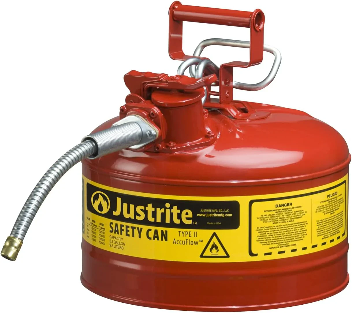 Justrite 5-Gallon Type II Red Safety Gas Can �� OSHA-Approved Steel Fuel Container with Flame Arrester, Self-Closing Lid & 1" Flexible Spout (7250130)