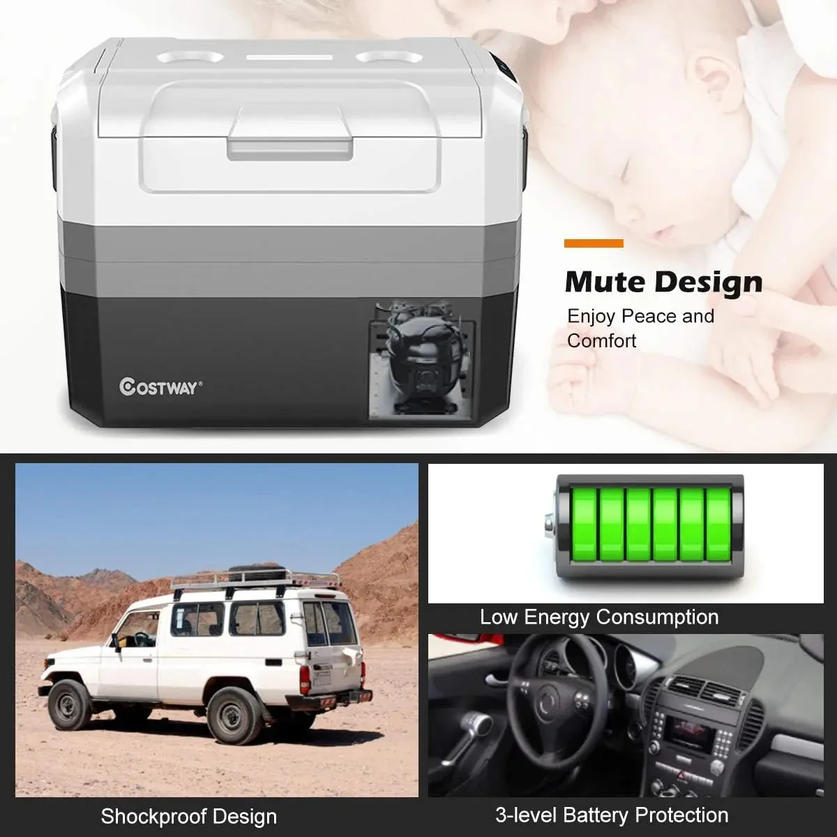 Portable Car Refrigerator, -14.8 to 50, 58-Quart Compressor Travel Fridge with Two-way Open Door, Operating Panel, Groove Design, Compact RV Freezer and Cooler for Outdoor and Home Use