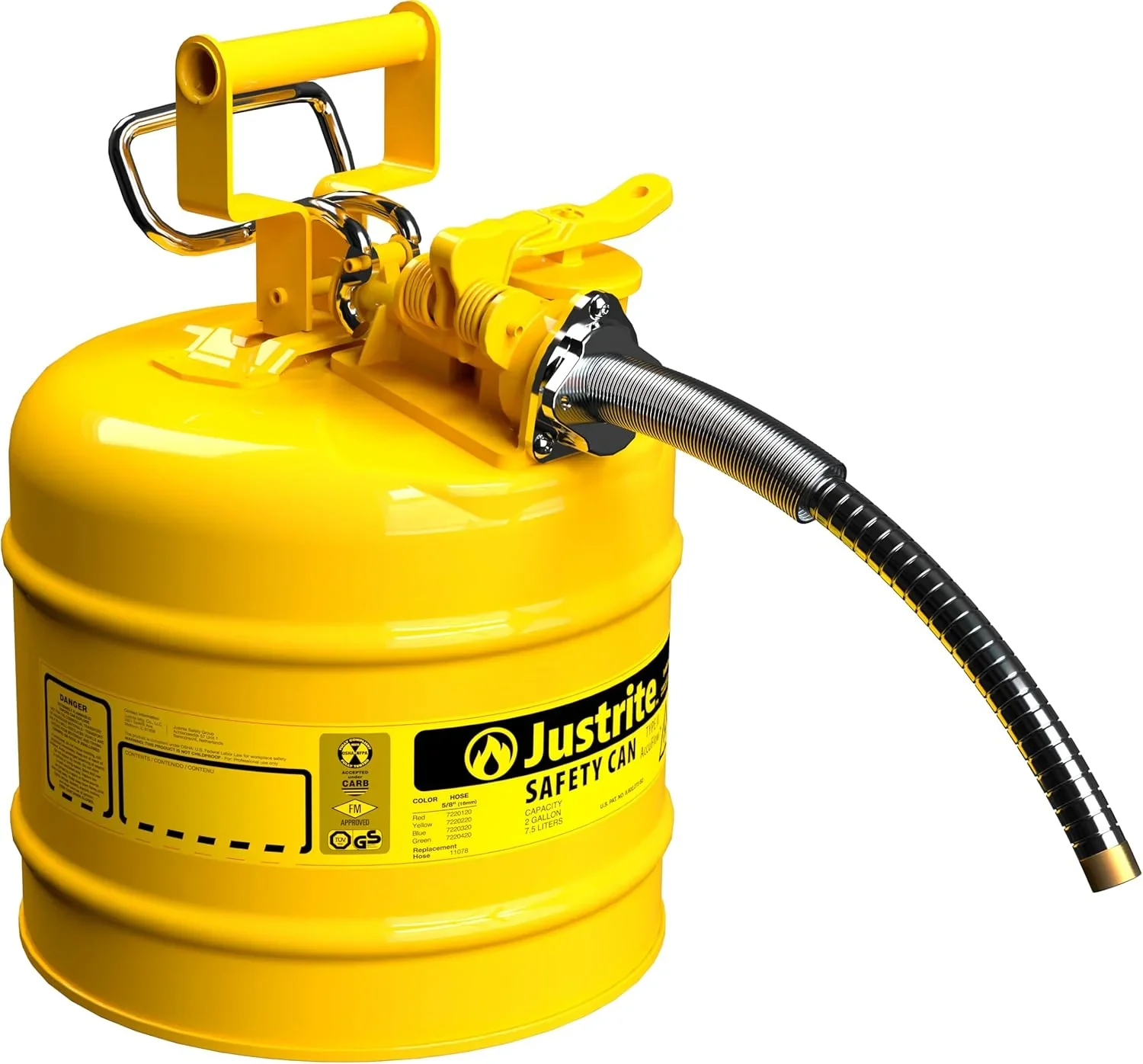 Justrite 5-Gallon Type II Red Safety Gas Can �� OSHA-Approved Steel Fuel Container with Flame Arrester, Self-Closing Lid & 1" Flexible Spout (7250130)