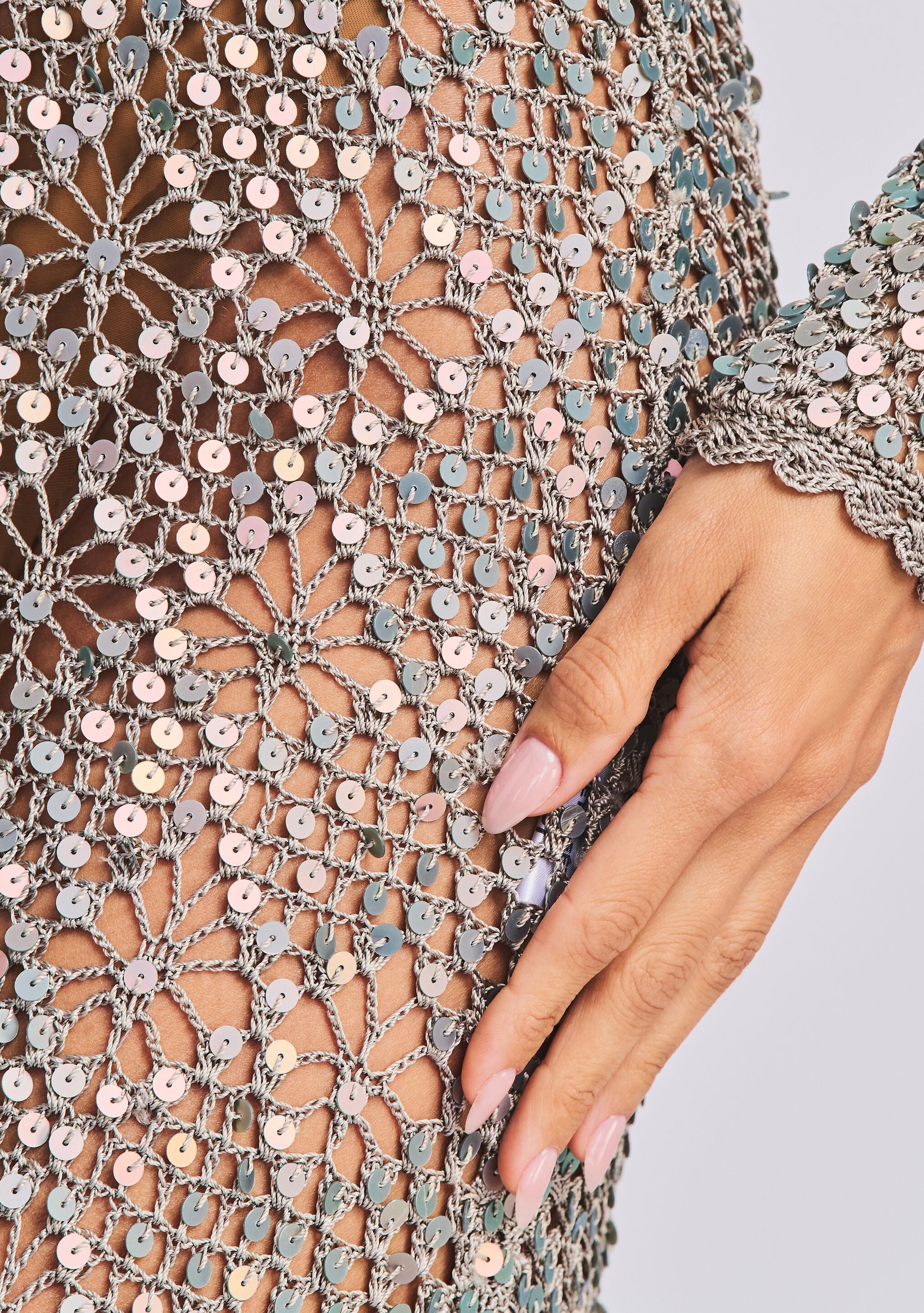 Alexa Sequin Open Crochet Dress-Stylulu