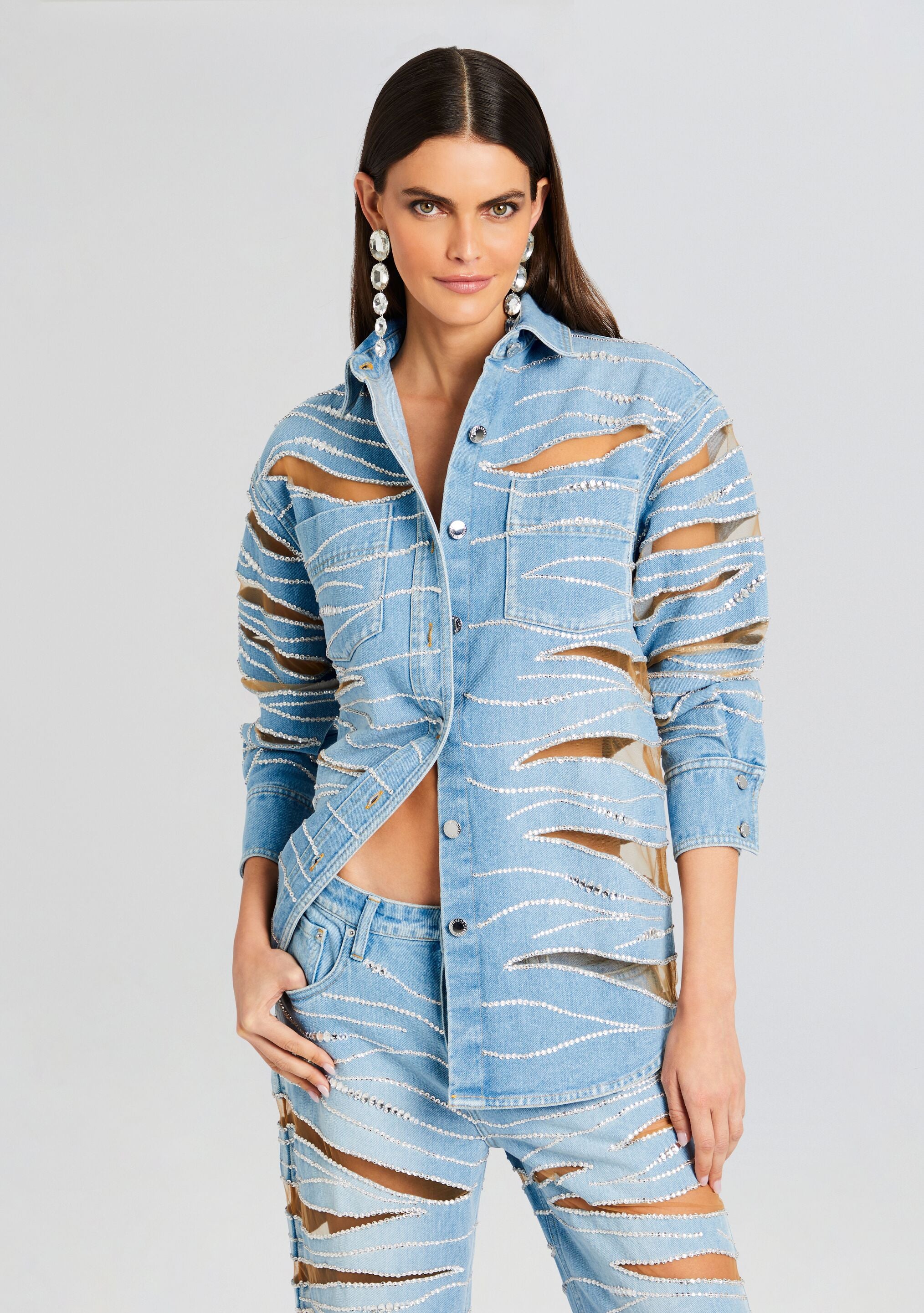 Avani Embellished Denim Shirt-Stylulu