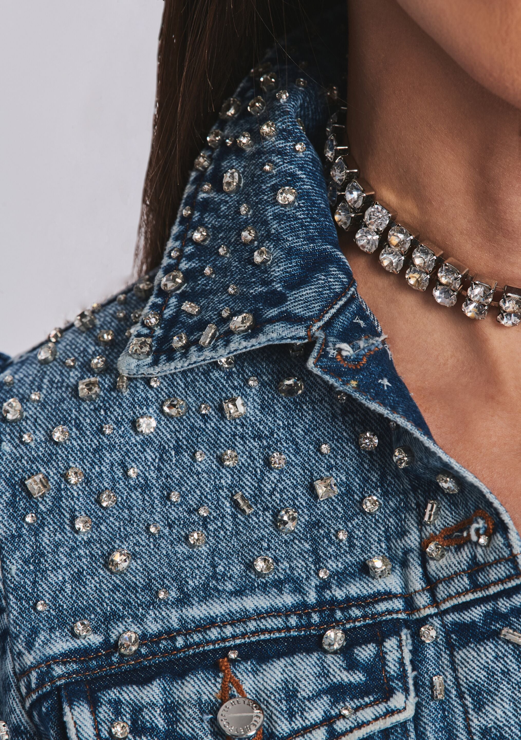 Ada Crystal Embellished Denim Jacket-Stylulu
