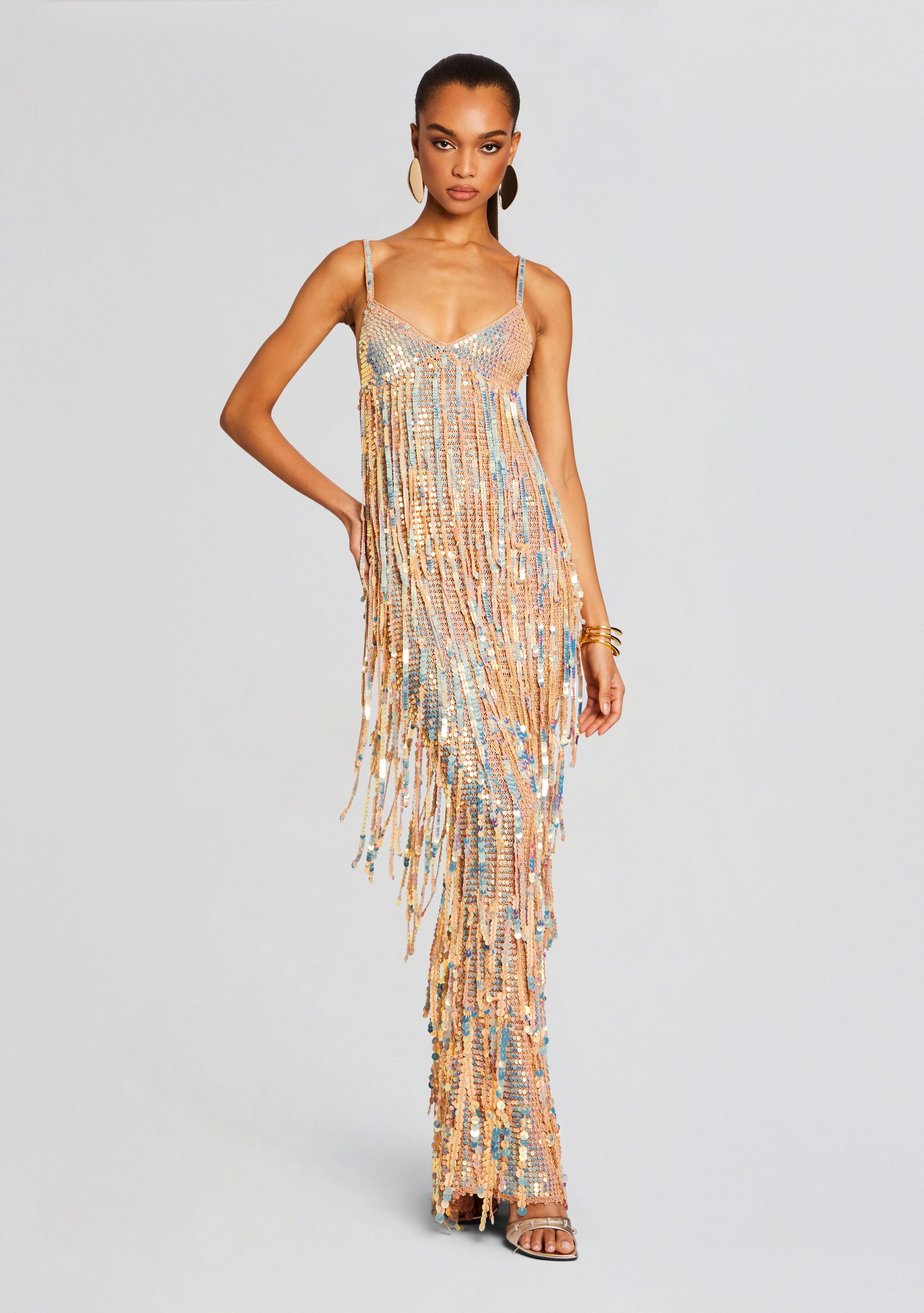 Mevia Sequin Fringe Crochet Dress-Stylulu