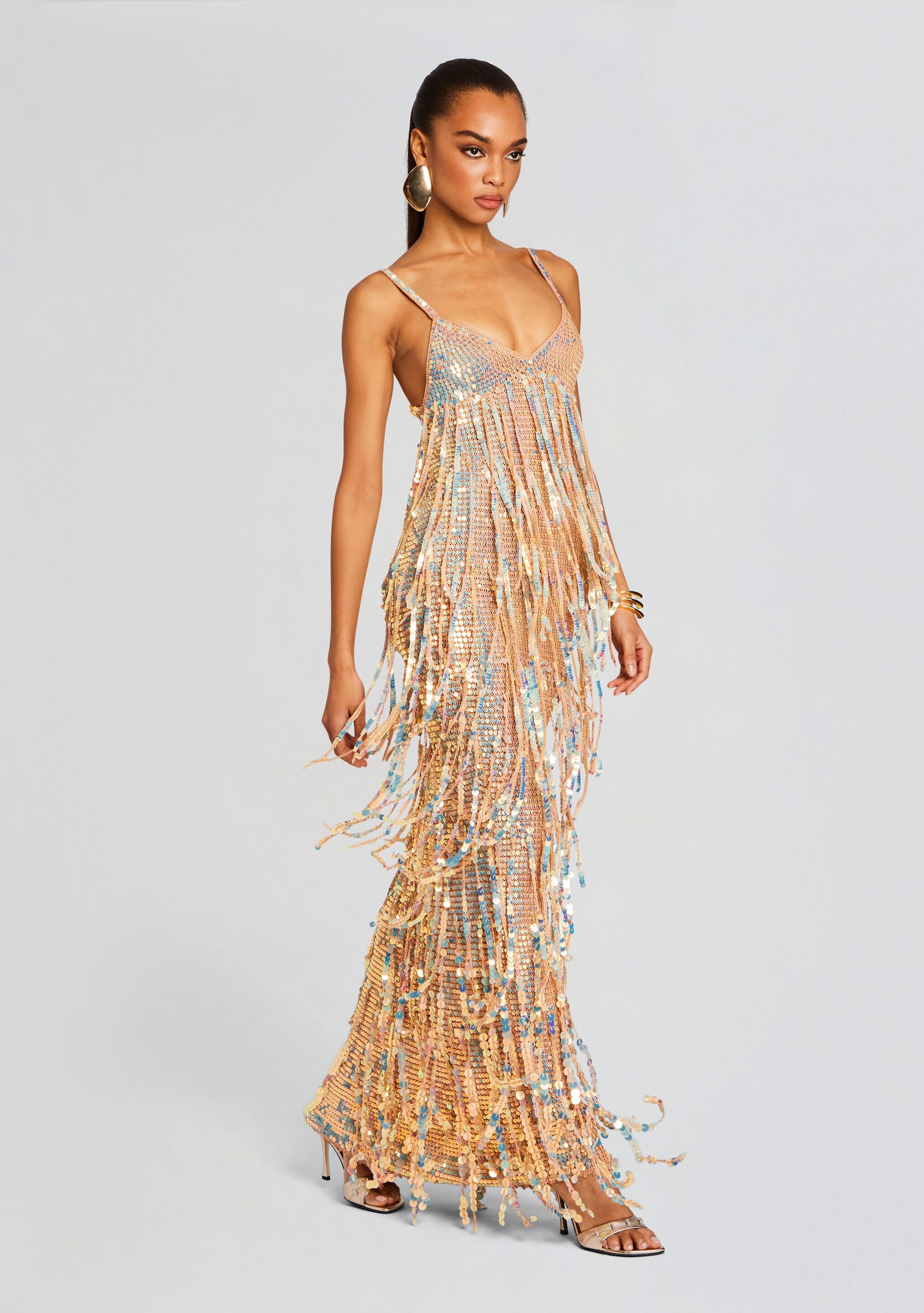 Mevia Sequin Fringe Crochet Dress-Stylulu
