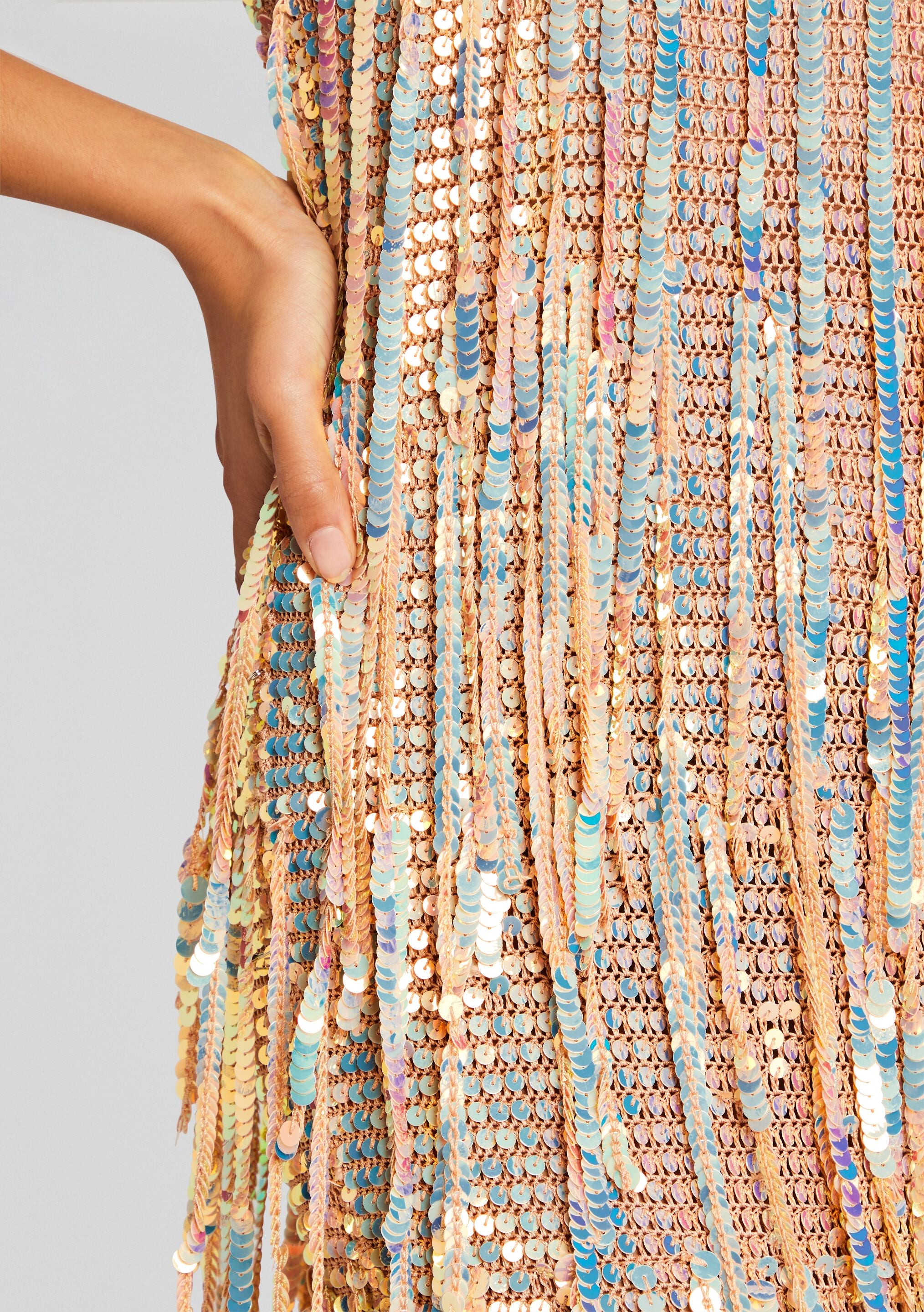 Mevia Sequin Fringe Crochet Dress-Stylulu