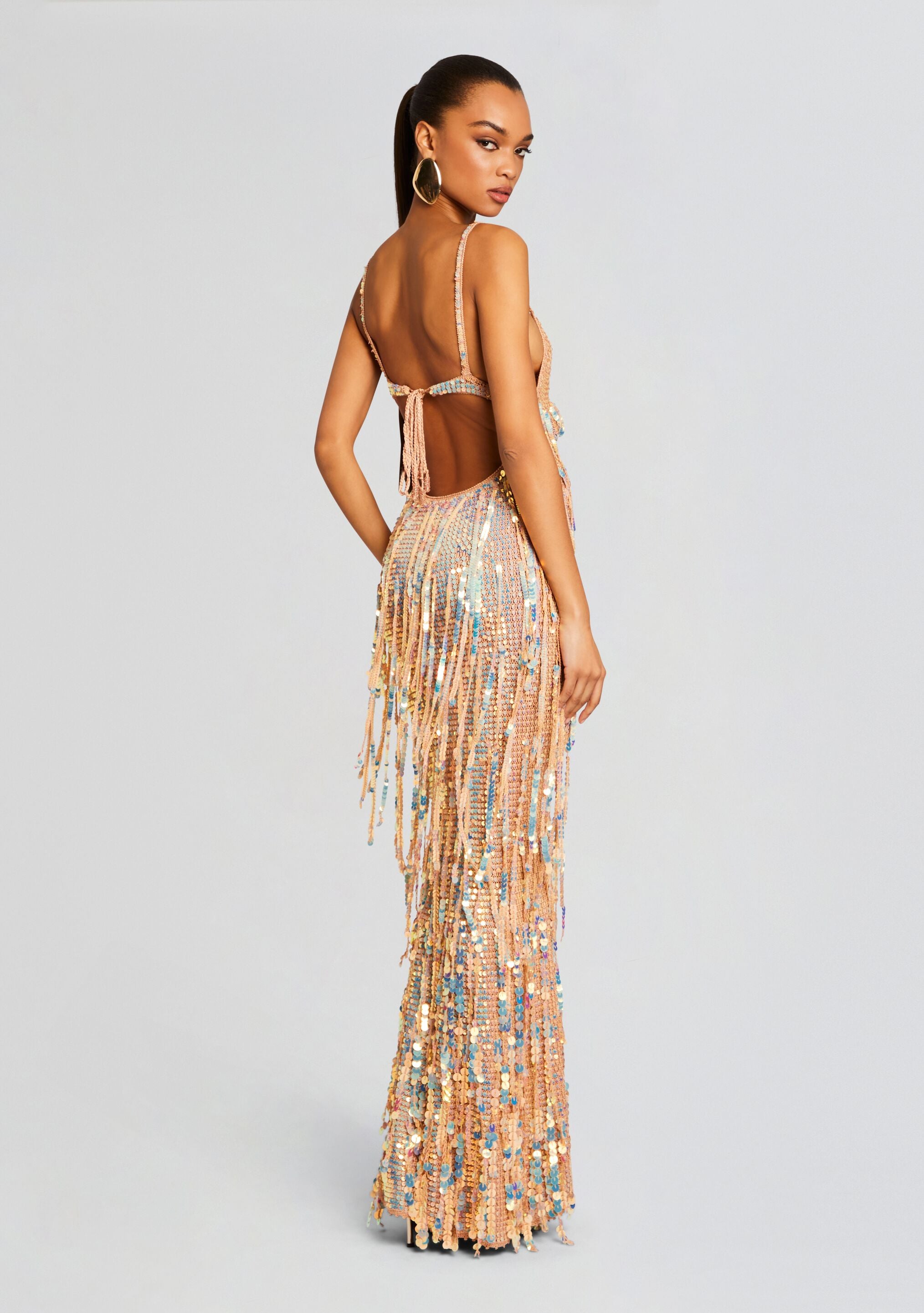 Mevia Sequin Fringe Crochet Dress-Stylulu