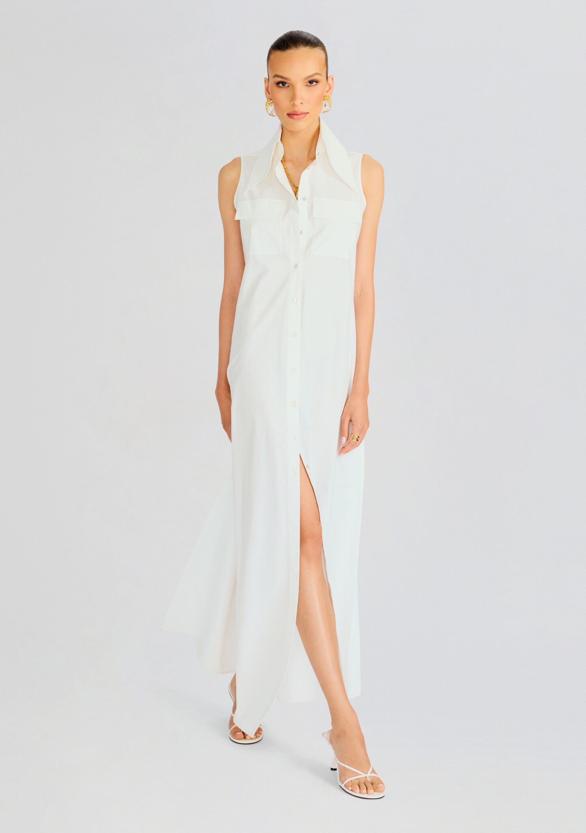 Sleeveless Floor Length Shirt Dress-Stylulu