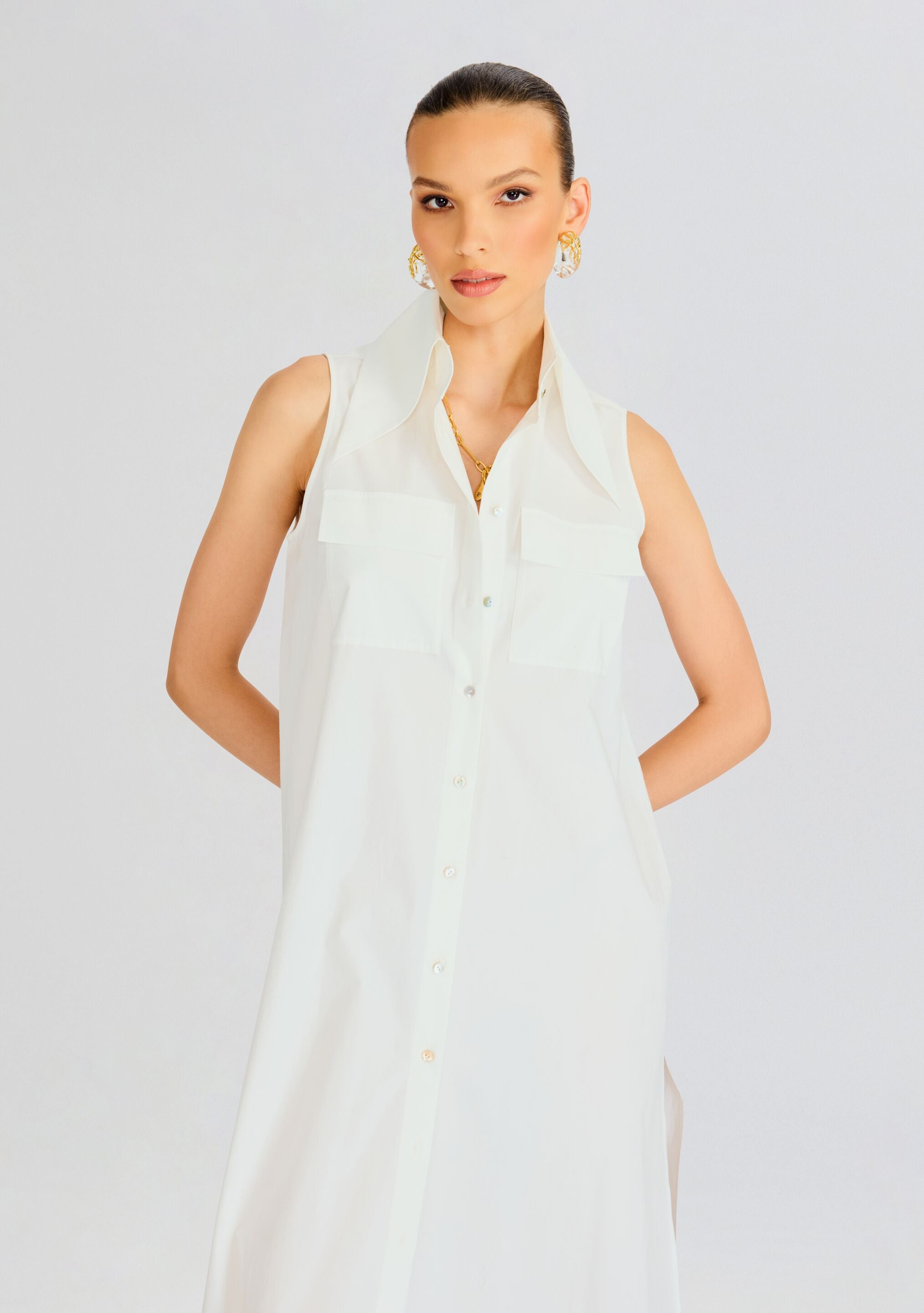 Sleeveless Floor Length Shirt Dress-Stylulu
