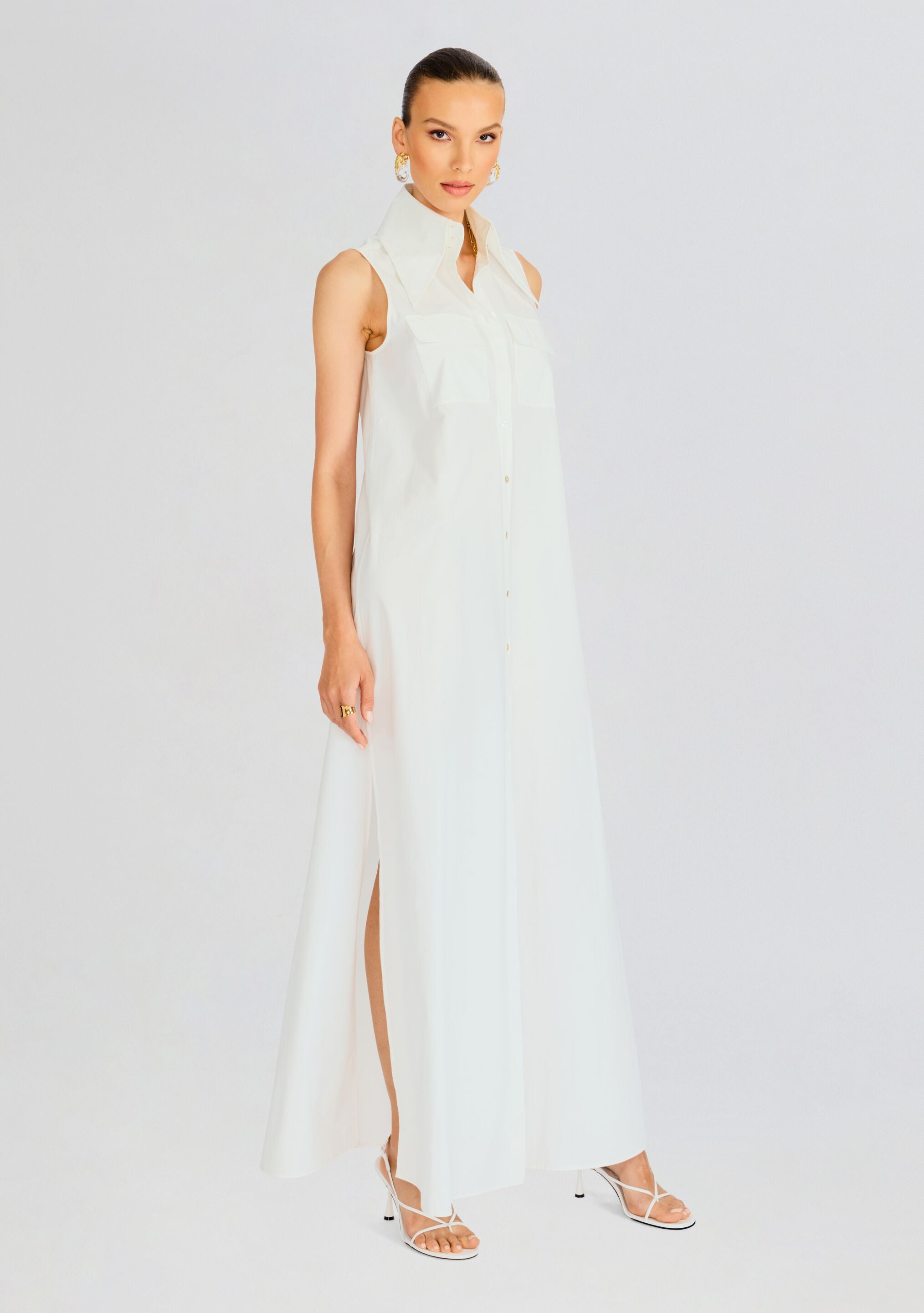 Sleeveless Floor Length Shirt Dress-Stylulu