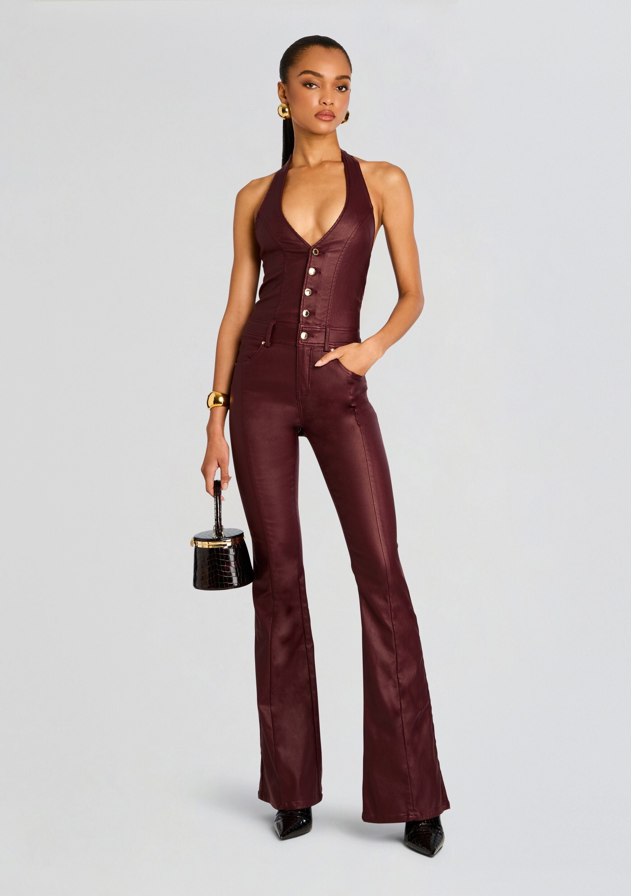 Cynthia Coated Denim Jumpsuit-Stylulu