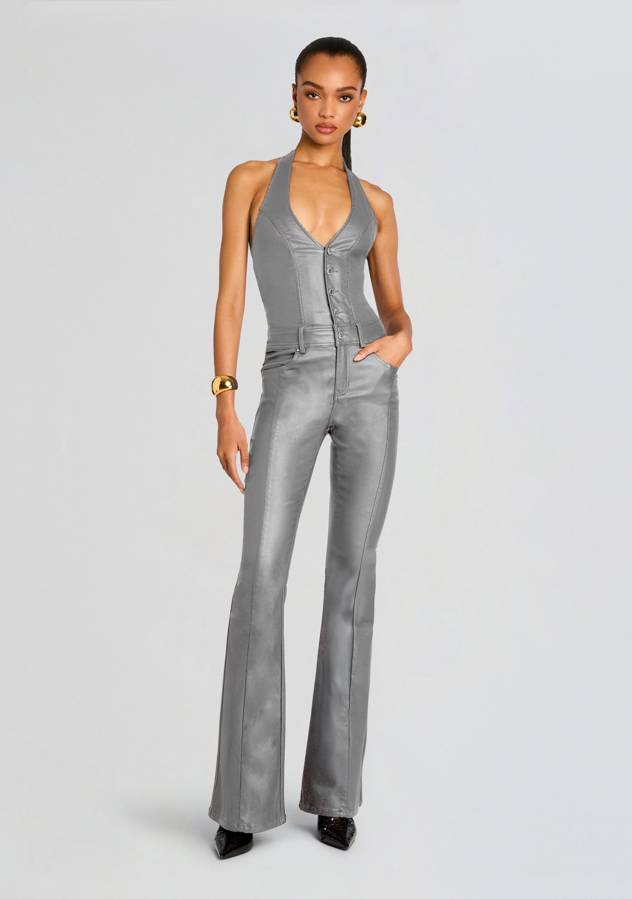 Cynthia Coated Denim Jumpsuit-Stylulu