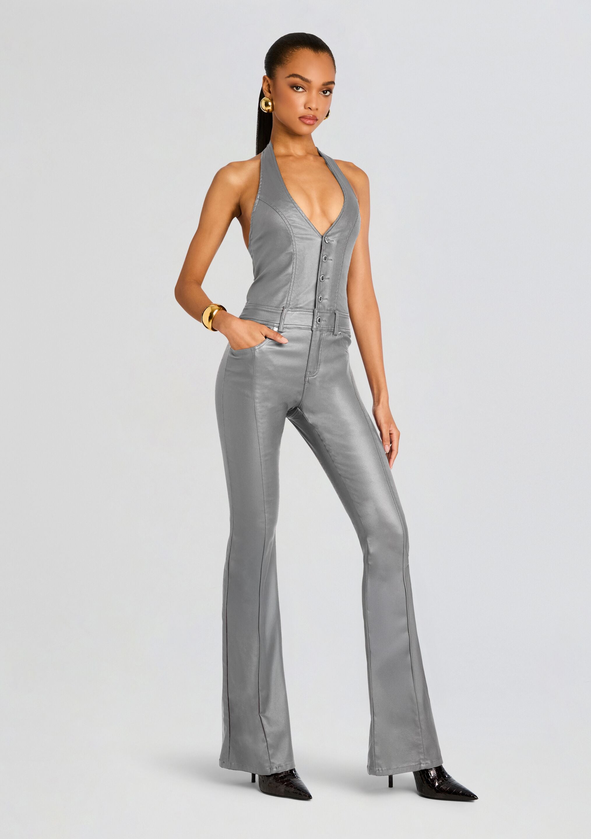 Cynthia Coated Denim Jumpsuit-Stylulu