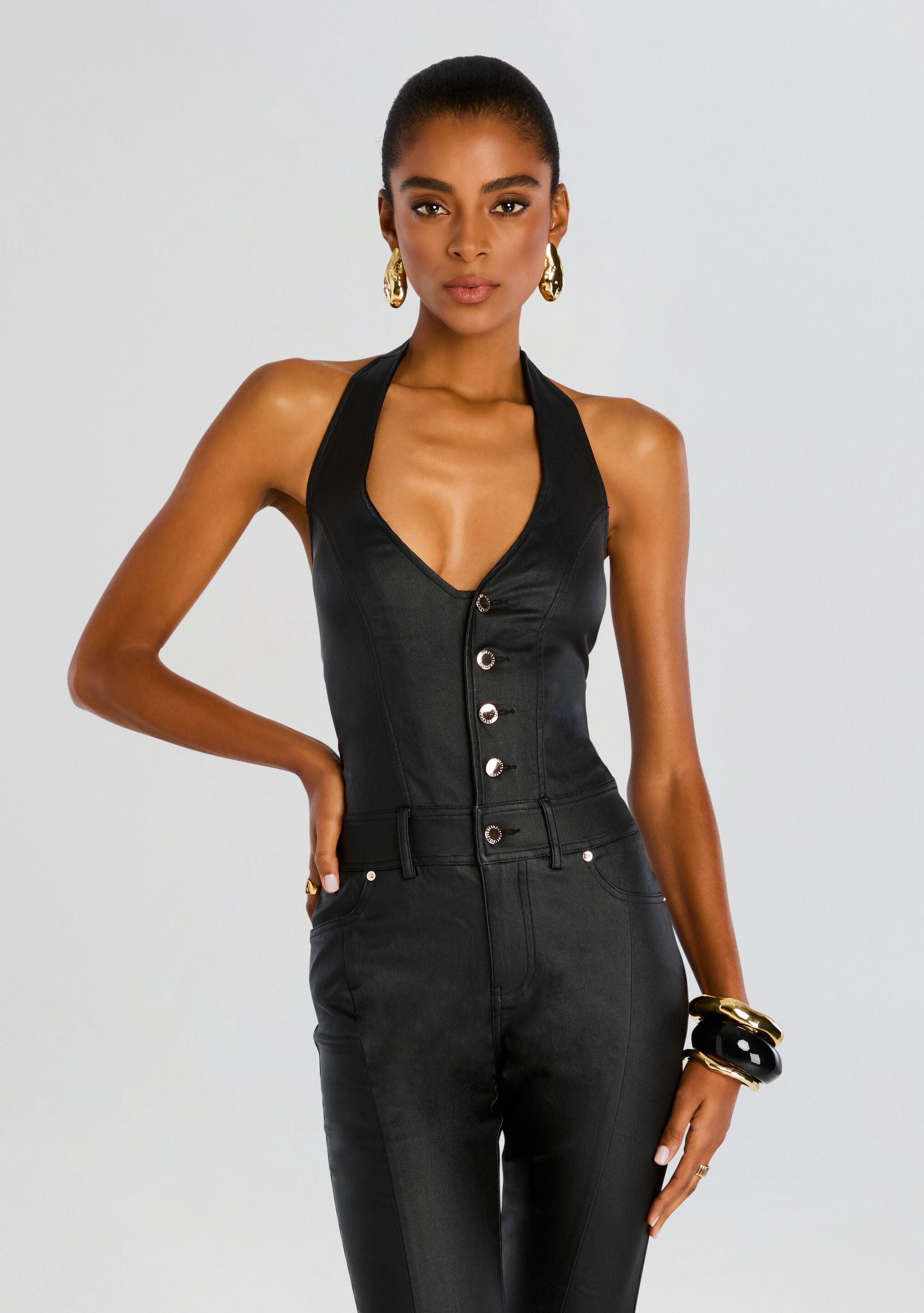 Cynthia Coated Denim Jumpsuit-Stylulu