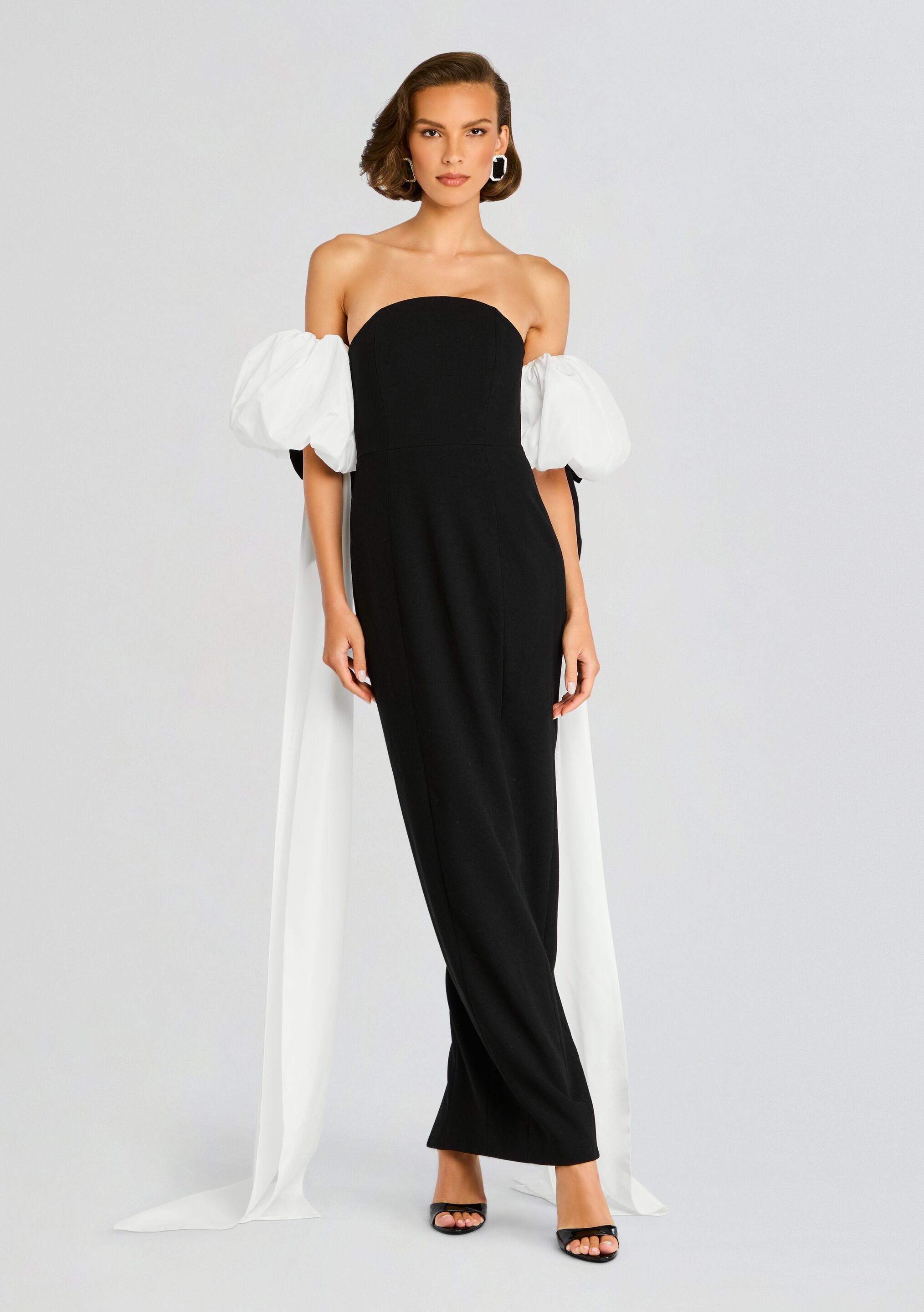 Half Moon Evening Dress with White Bowed Plumes-Stylulu