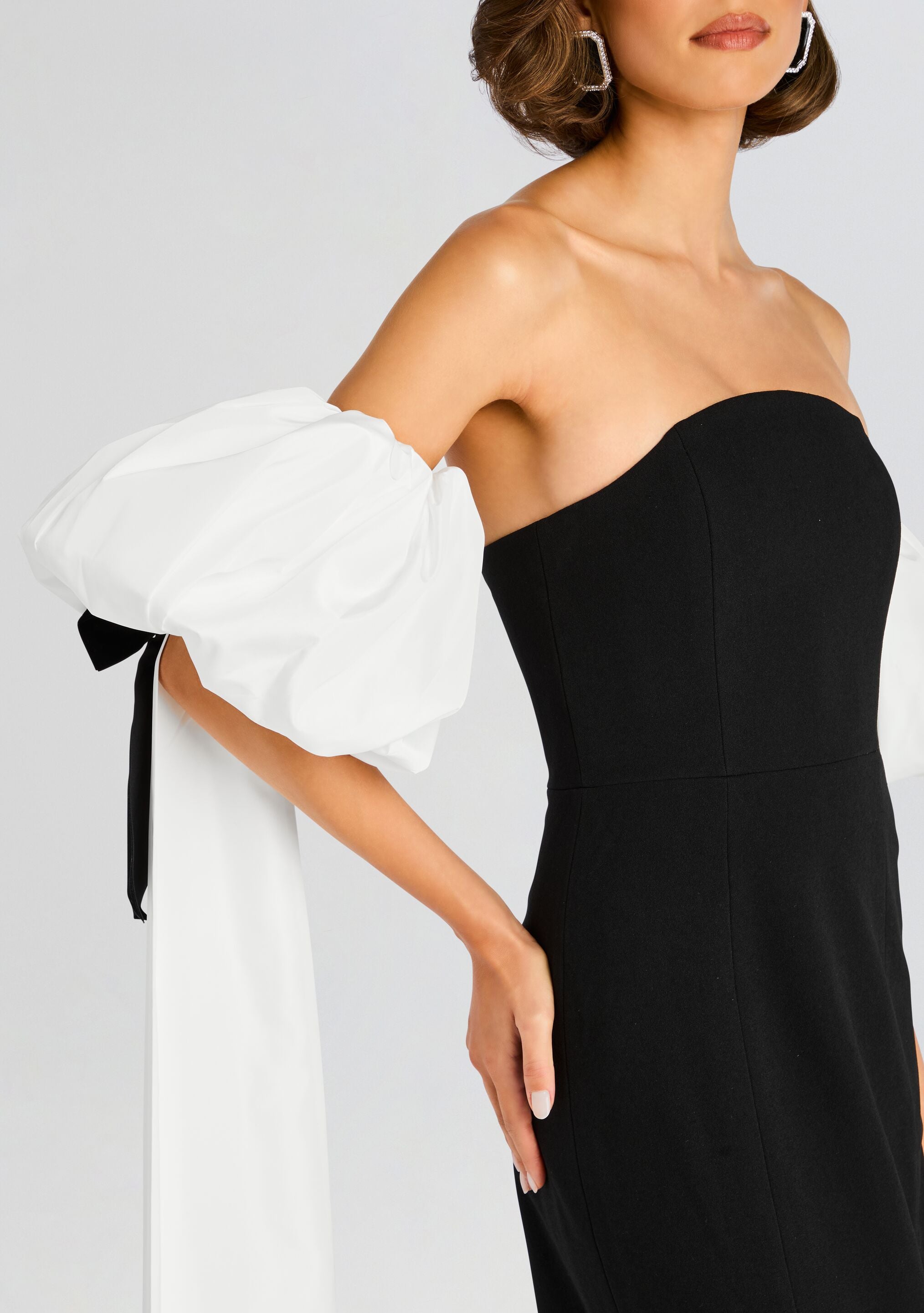 Half Moon Evening Dress with White Bowed Plumes-Stylulu