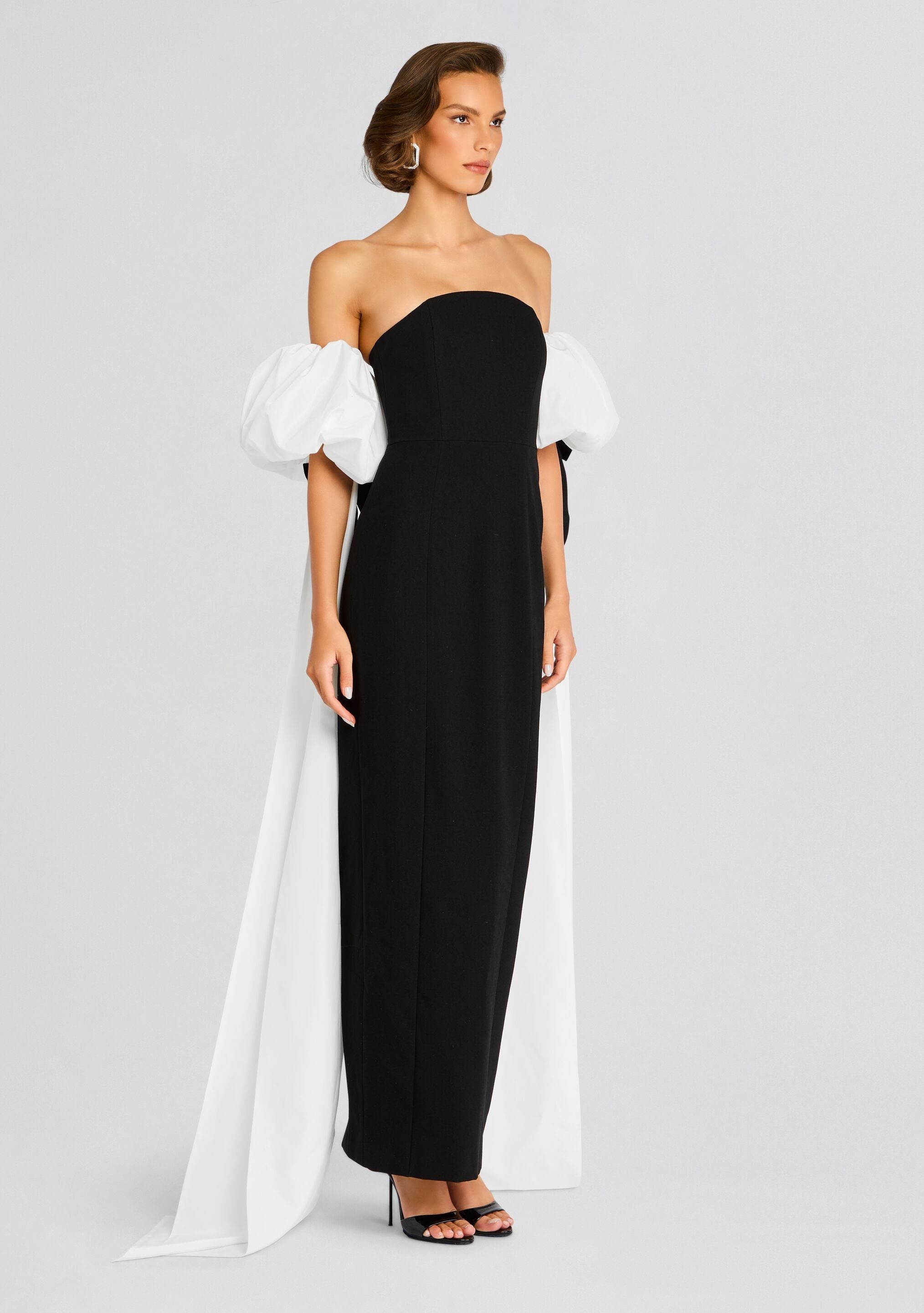Half Moon Evening Dress with White Bowed Plumes-Stylulu