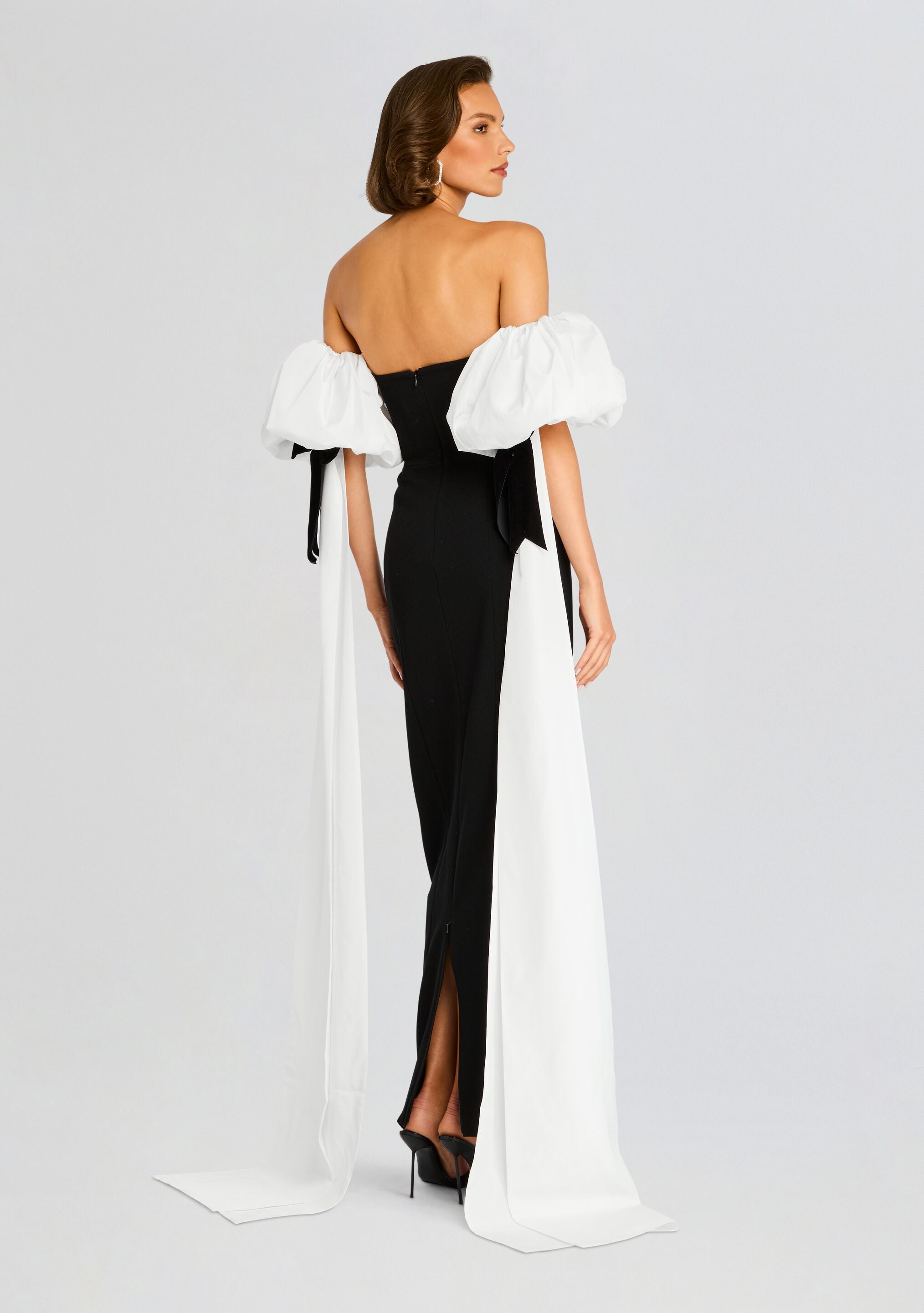 Half Moon Evening Dress with White Bowed Plumes-Stylulu