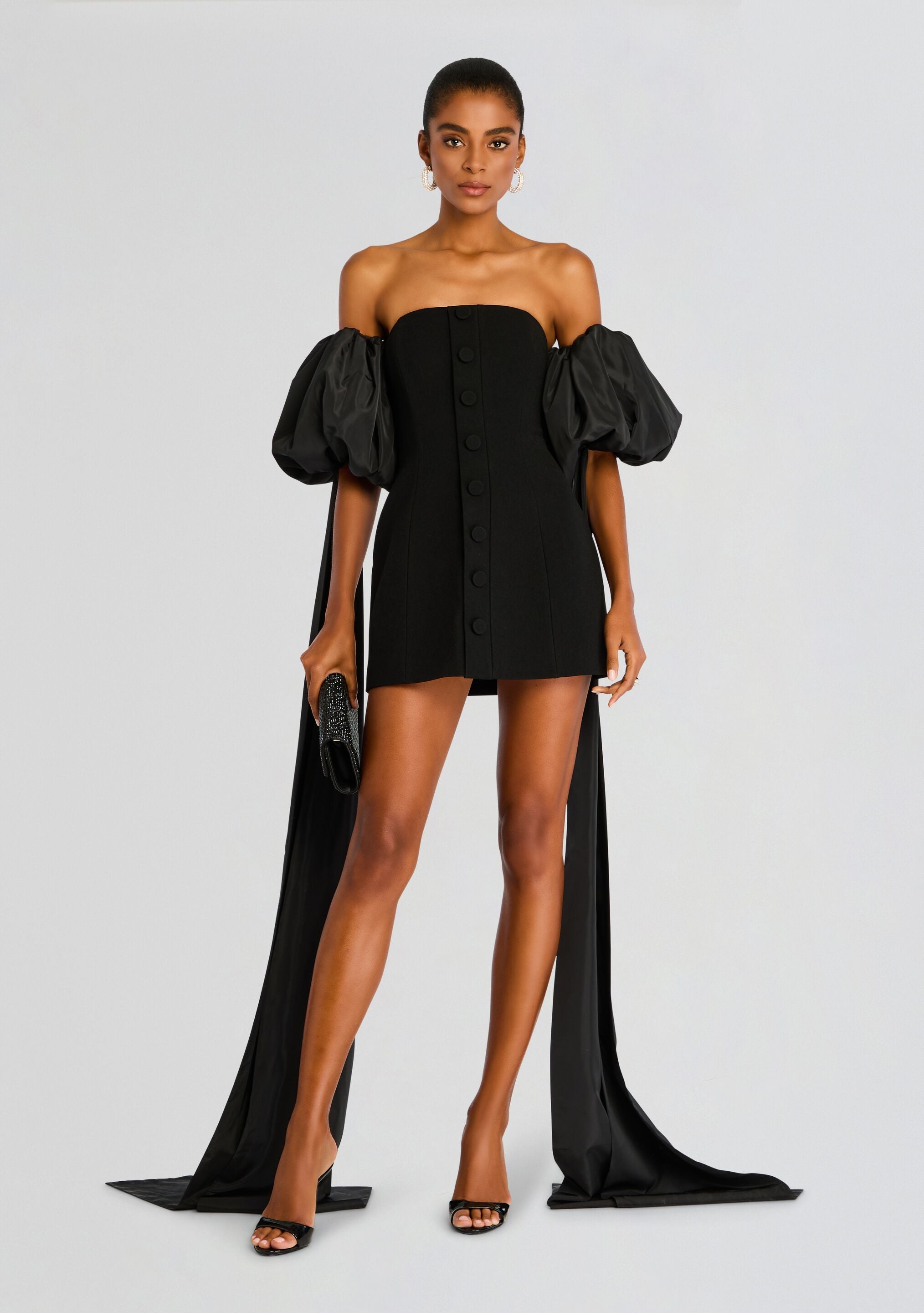 Laurent Mini Button Dress with Black Plumes-Stylulu