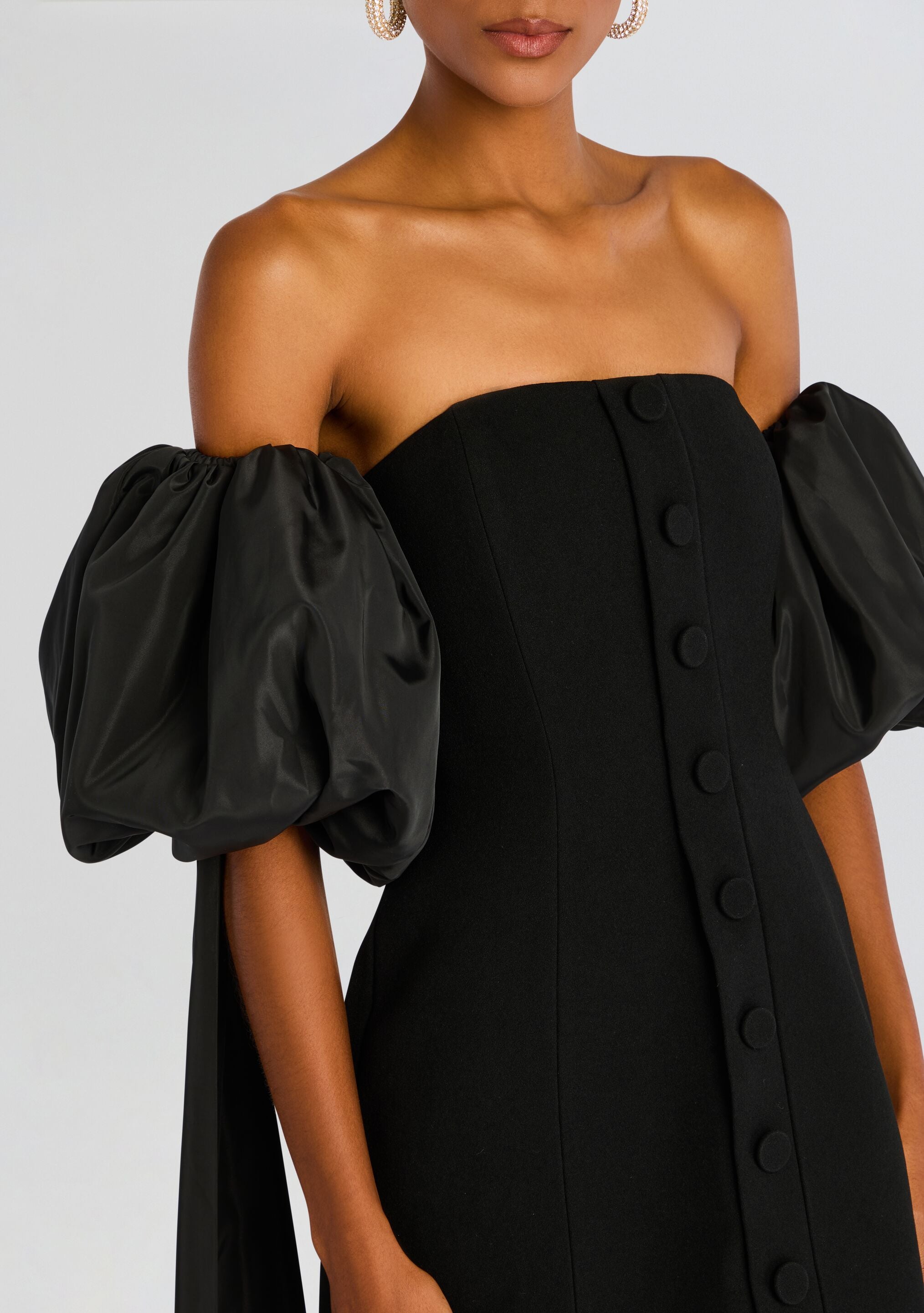 Laurent Mini Button Dress with Black Plumes-Stylulu