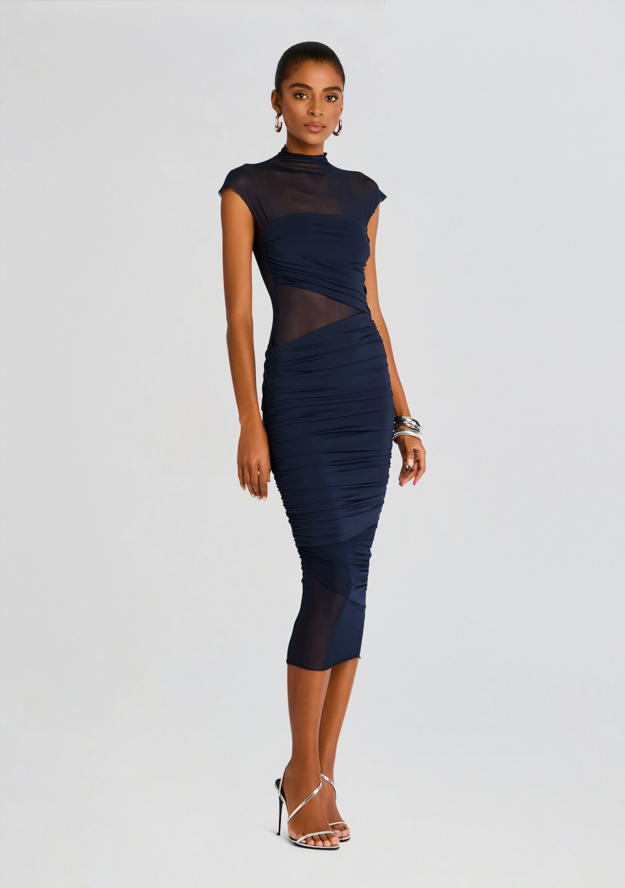 Tabitha Mesh Ruched Midi Dress-Stylulu