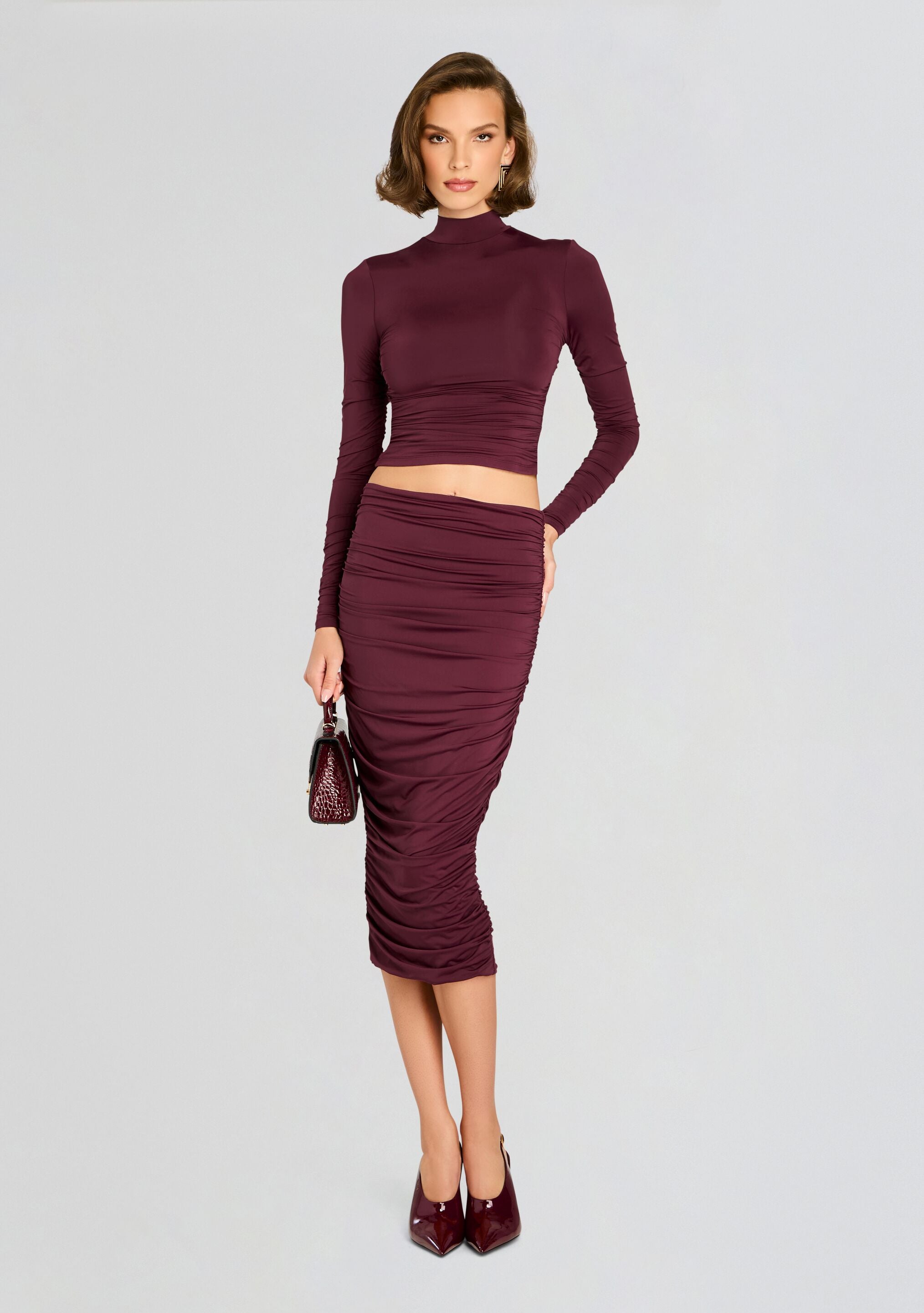 Darcy Mid Rise Ruched Midi Skirt-Stylulu