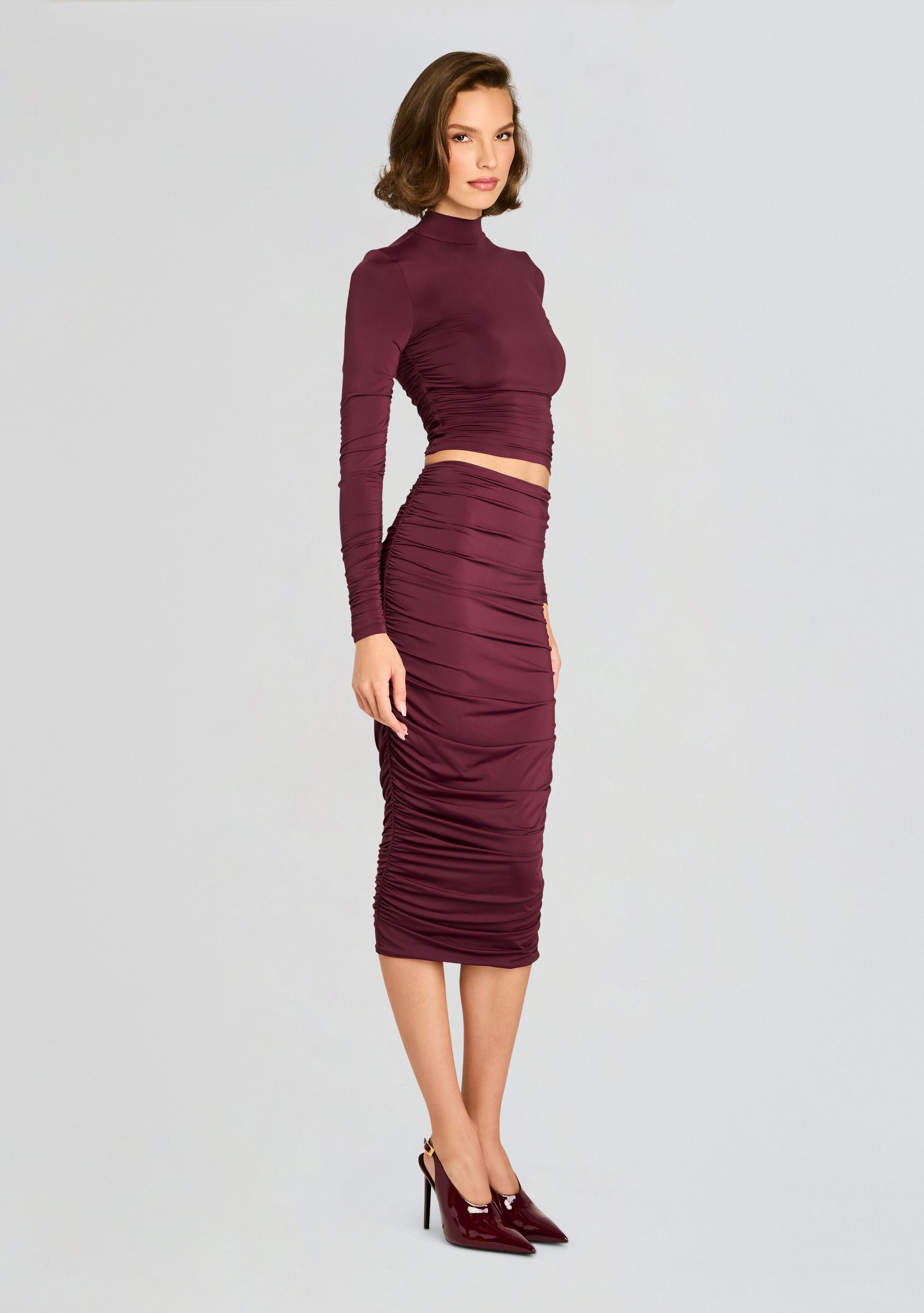 Darcy Mid Rise Ruched Midi Skirt-Stylulu